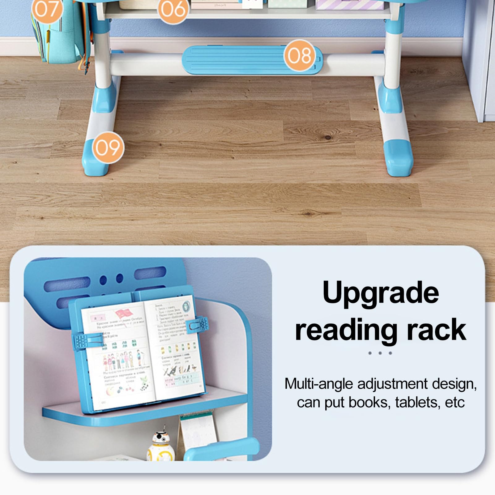 Premium Adjustable Kids Study Desk and Chair Set with Astronaut Design - Ergonomic Children's School Furniture with Writing Board, Bookshelf & Drawer - Perfect for Homework, Reading & Creative Activities (Blue)