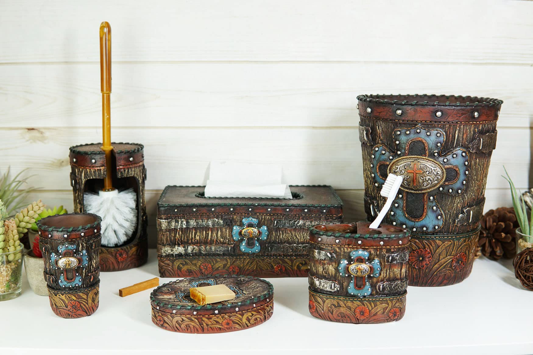 Ebros Gift Rustic Western Blue Cross Wall Decor with Concho & Nailheads - Faux Distressed Wood Finish Floral Pattern - 6 Piece Bathroom Vanity Set for Farmhouse, Country Home Decor & Western Themed Interiors