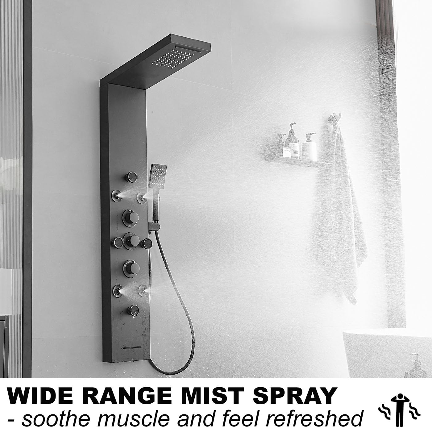 6-in-1 Stainless Steel Shower Panel System with Rainfall Showerhead, Body Jets & Handheld Spray - Black Wall Mount Shower Tower for Spa-Like Relaxation - Perfect for Master Bathrooms & Luxury Home Renovations