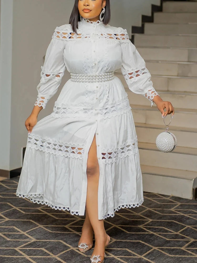 Elegant Hollow Out Lace Mock Neck Lantern Sleeve Midi Dress with Belt - Women's Plus Size Party Club Casual Outfit for Evening Events, Weddings & Date Nights