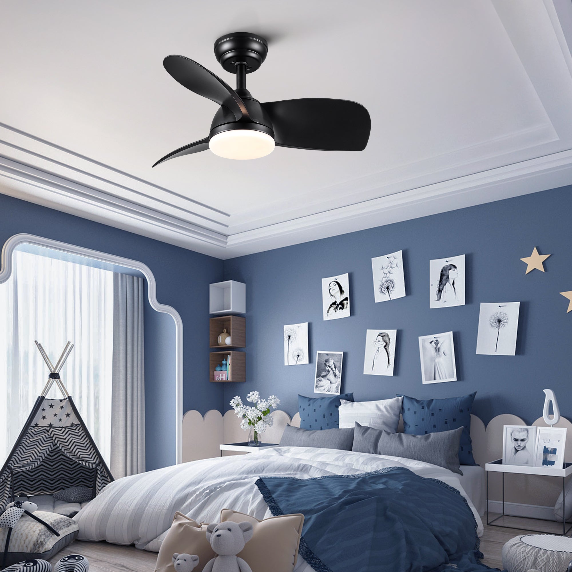28 Inch Integrated LED Ceiling Fan with Black ABS Blades - Energy Efficient Smart Fan for Bedroom, Living Room & Office (Remote Control, Quiet Operation)