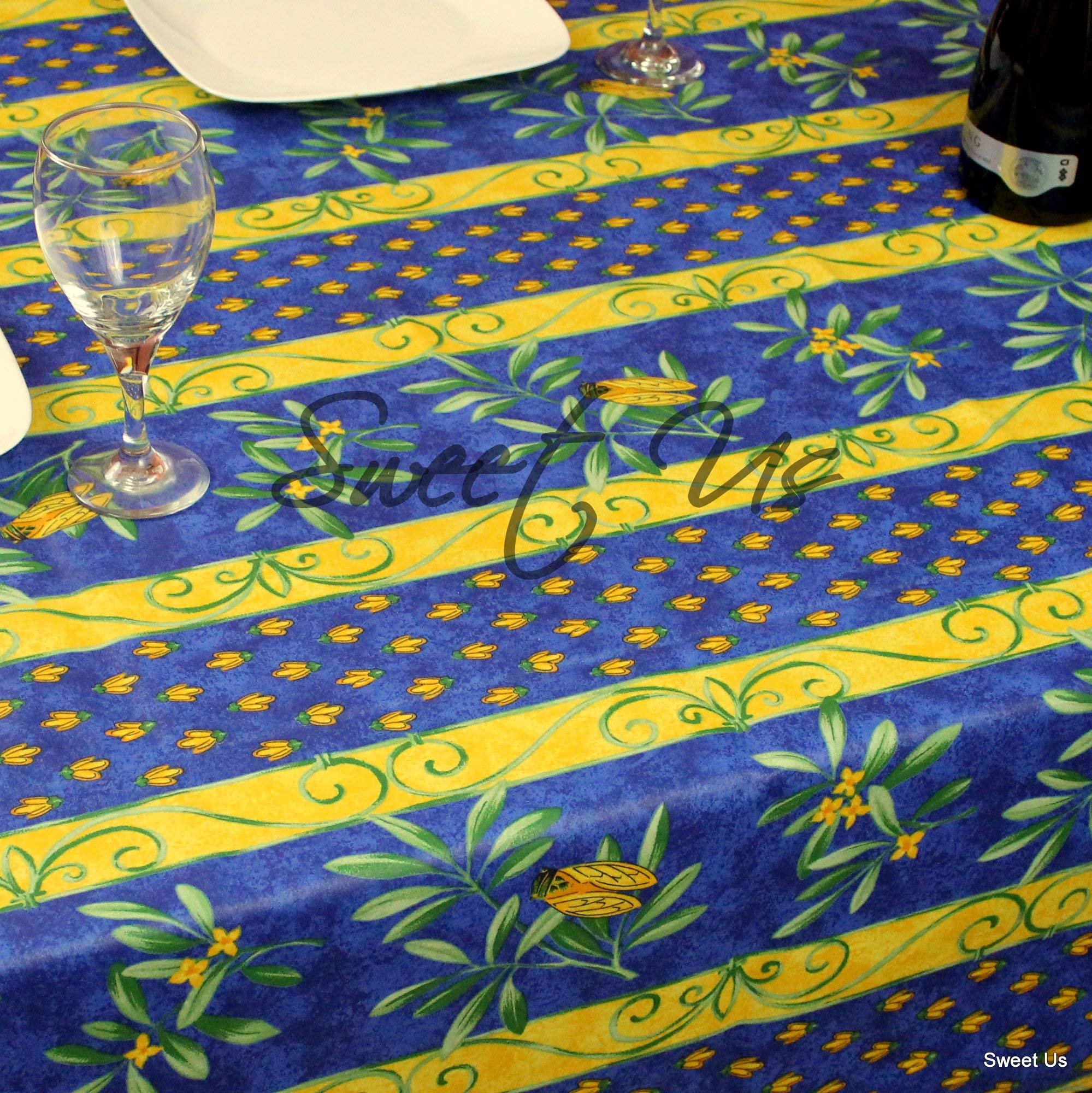 La Cigale Royal Bee Spill-Resistant Wipeable Tablecloth - Floral French Provencal Cotton with Acrylic Coating, 60 x 78 Inch Rectangle Table Cover for Indoor & Outdoor Use | Perfect for Dining Rooms, Patios, Picnics & Special Events (Blue)