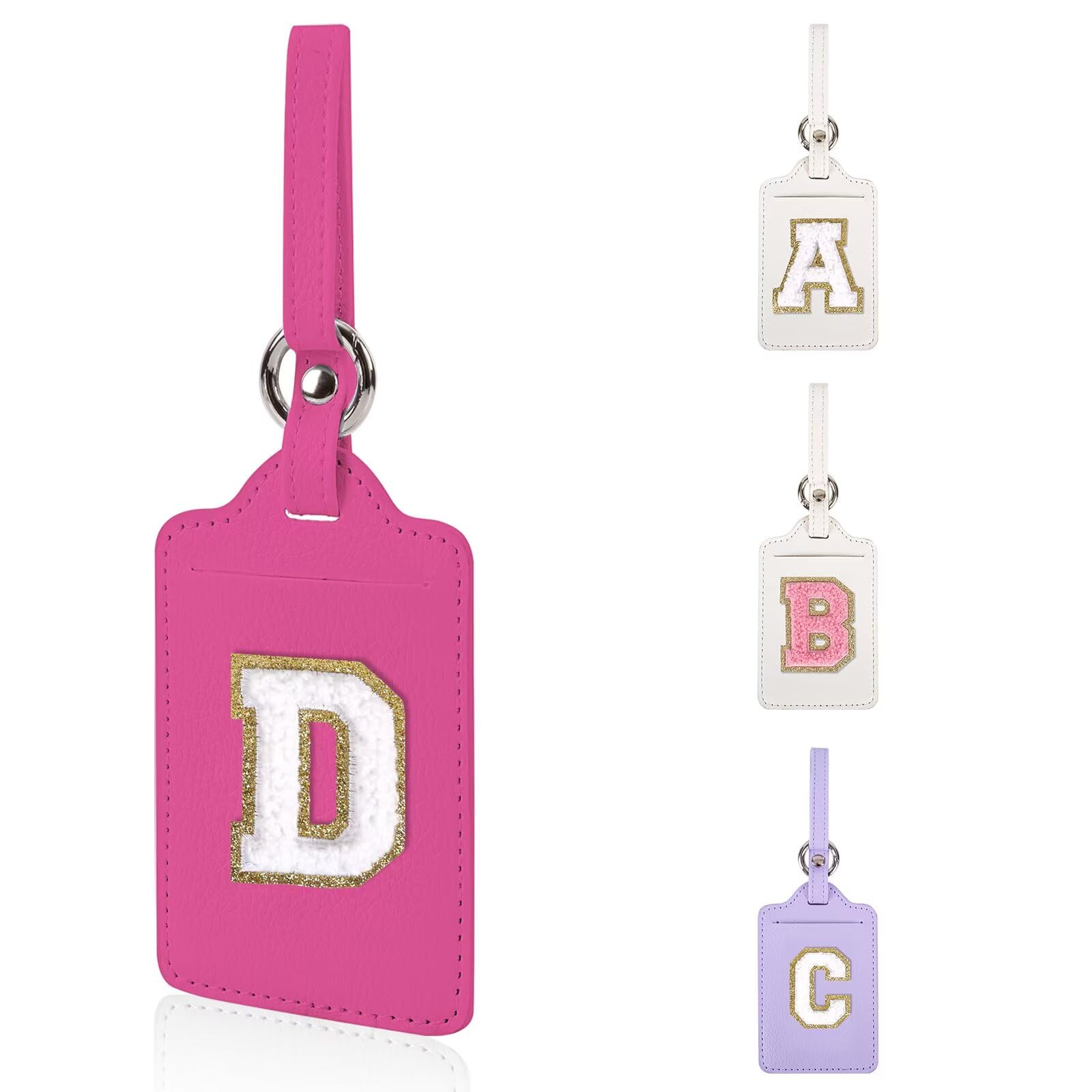 Personalized Initial Leather Luggage Tags - Custom Embroidered Chenille Letter Suitcase Tags with Privacy Name Card | Cute Travel Bag & Backpack Accessories for Women, Kids, Girls & Teens | Perfect for Vacation, Business Trips & School Backpacks