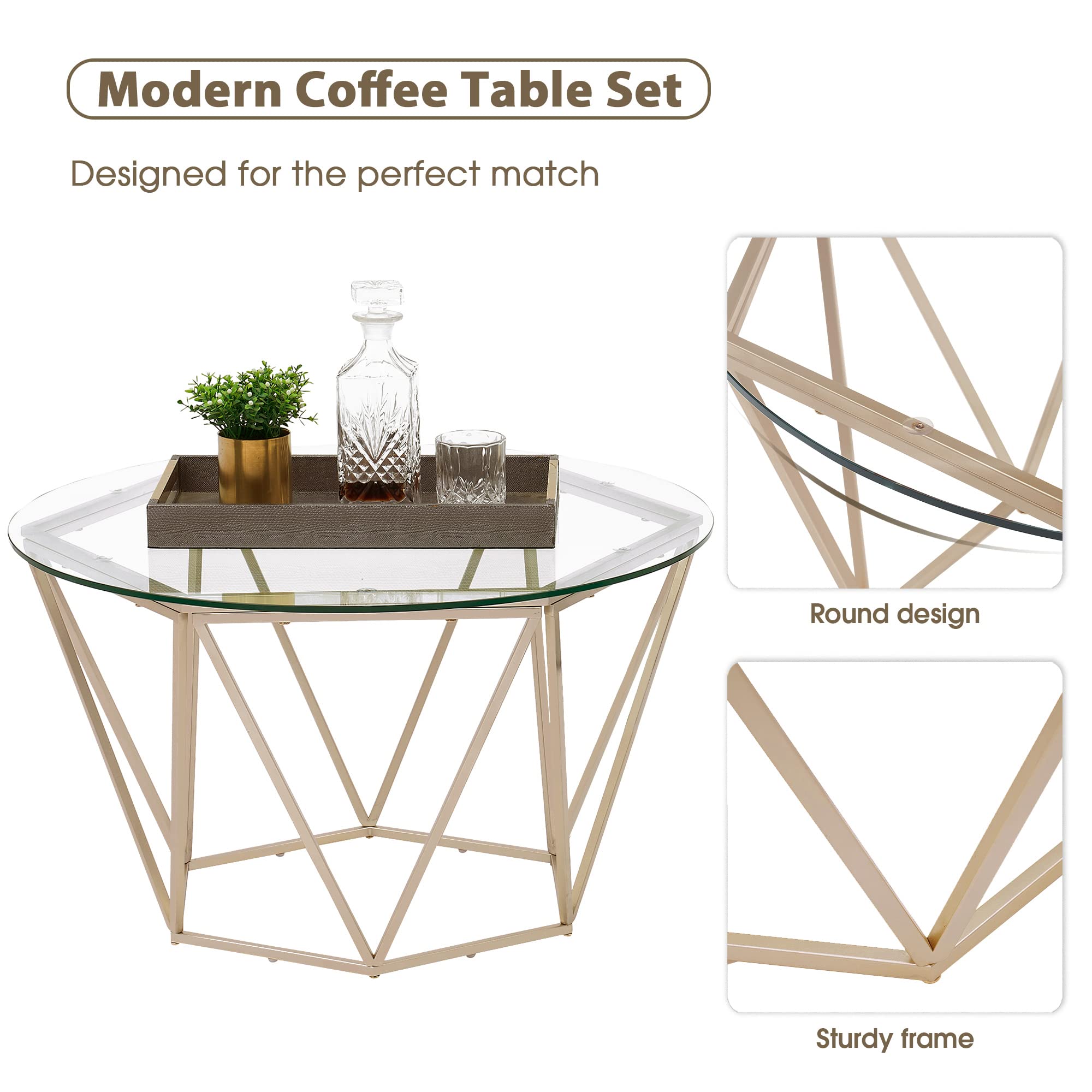 ivinta 2-Piece Round Nesting Coffee Table Set - Modern Tempered Glass Living Room Tables with Gold Metal Frame Legs (31.5 & 23.6 Inch) - Perfect for Small Spaces, Apartments & Lounge Areas