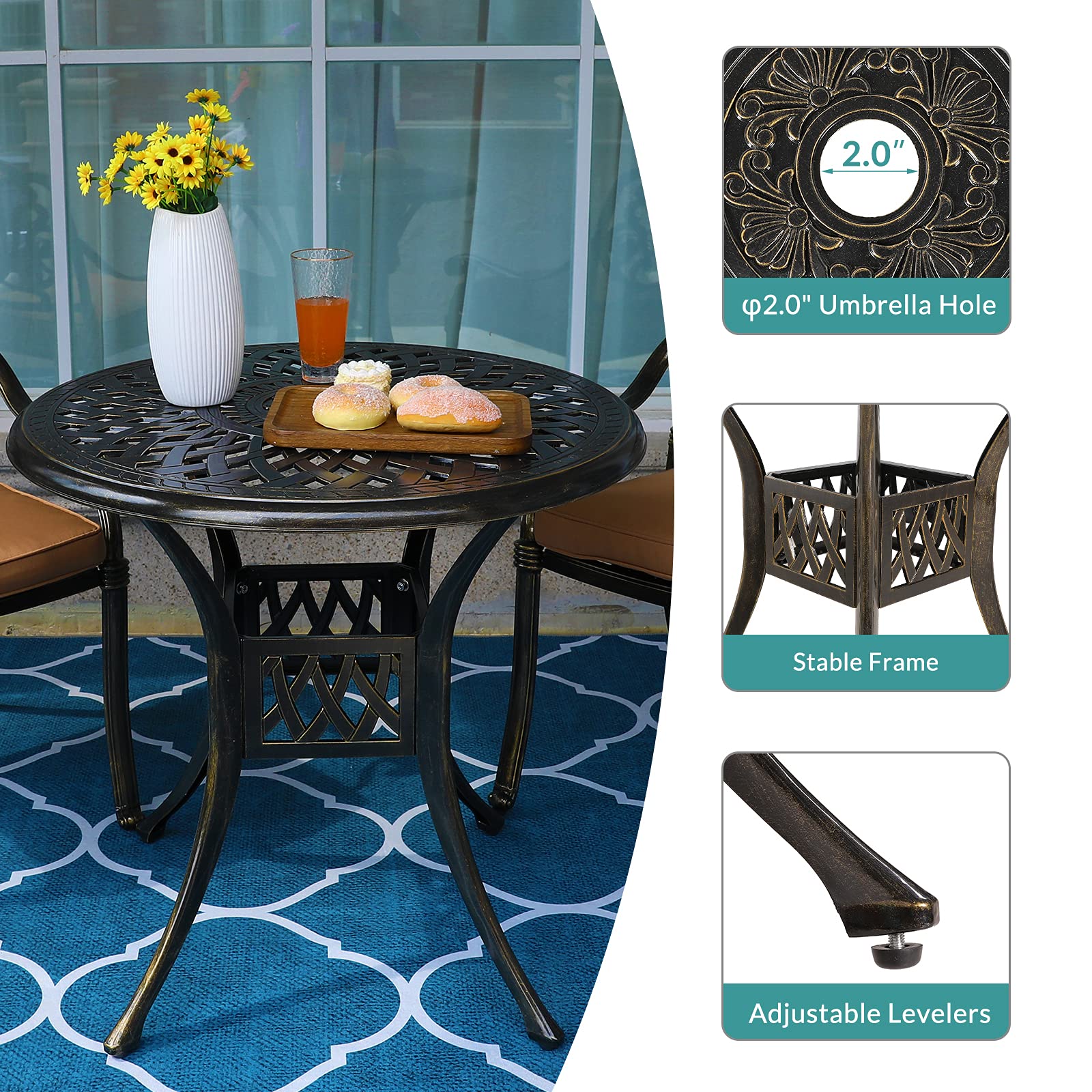 MEETWARM 3-Piece Outdoor Bistro Set - All-Weather Cast Aluminum Patio Dining Set with 2 Chairs & 31