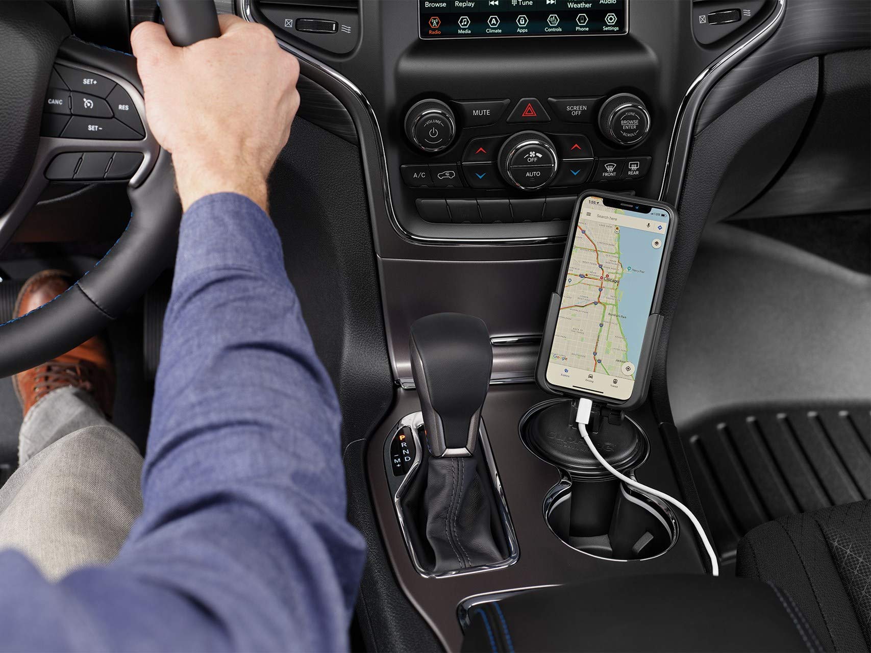 WeatherTech CupFone - Universal Adjustable Car Cup Holder Phone Mount for iPhone & Android - Open Access Design for Charging - Graphite Metal Knobs - Perfect for Road Trips, Commuting & Hands-Free Driving