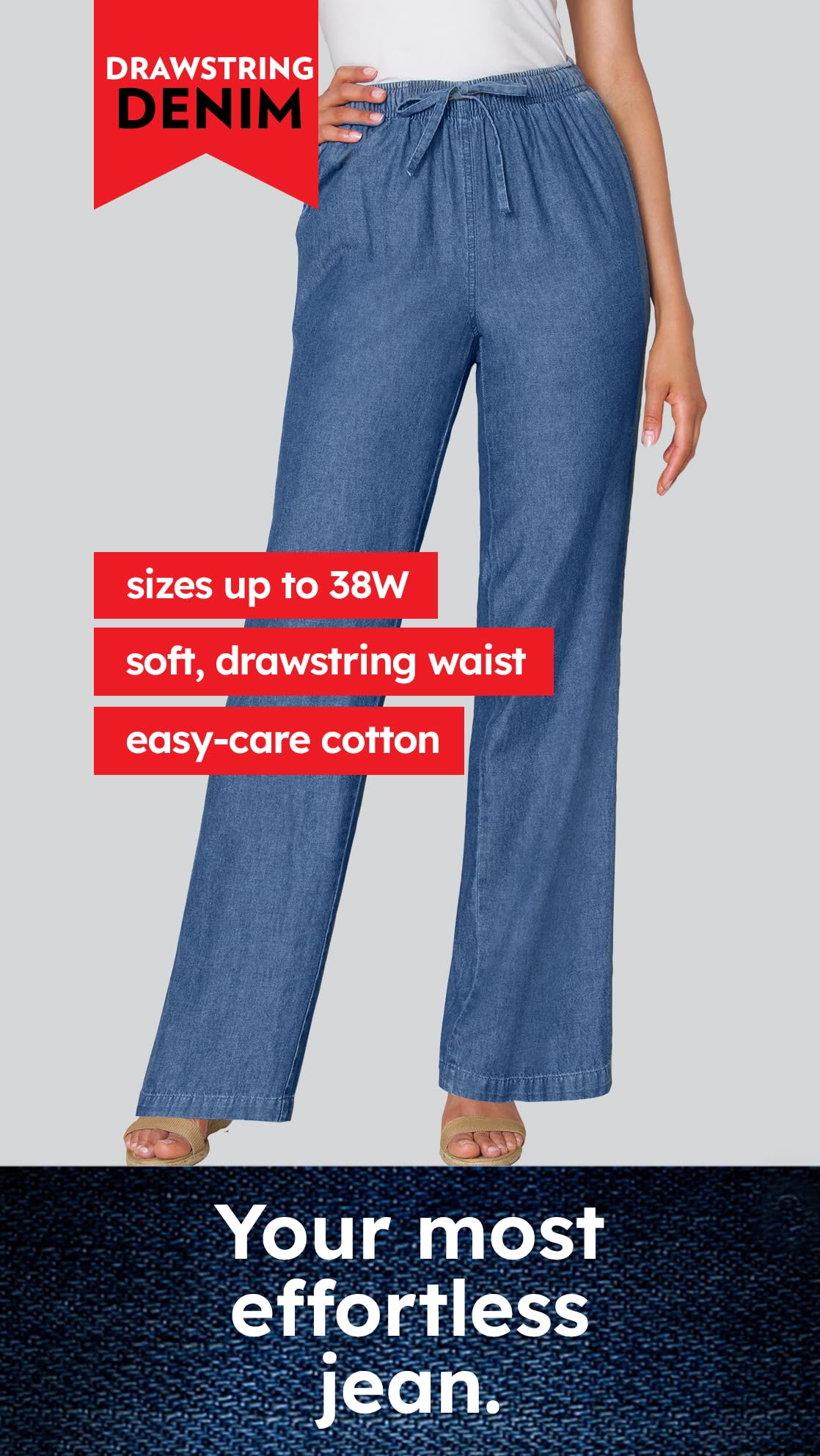 Woman Within Women's Plus Size Drawstring Denim Capri Pants - Comfortable Stretch Jeans for Casual Wear, Summer Outfits & Travel