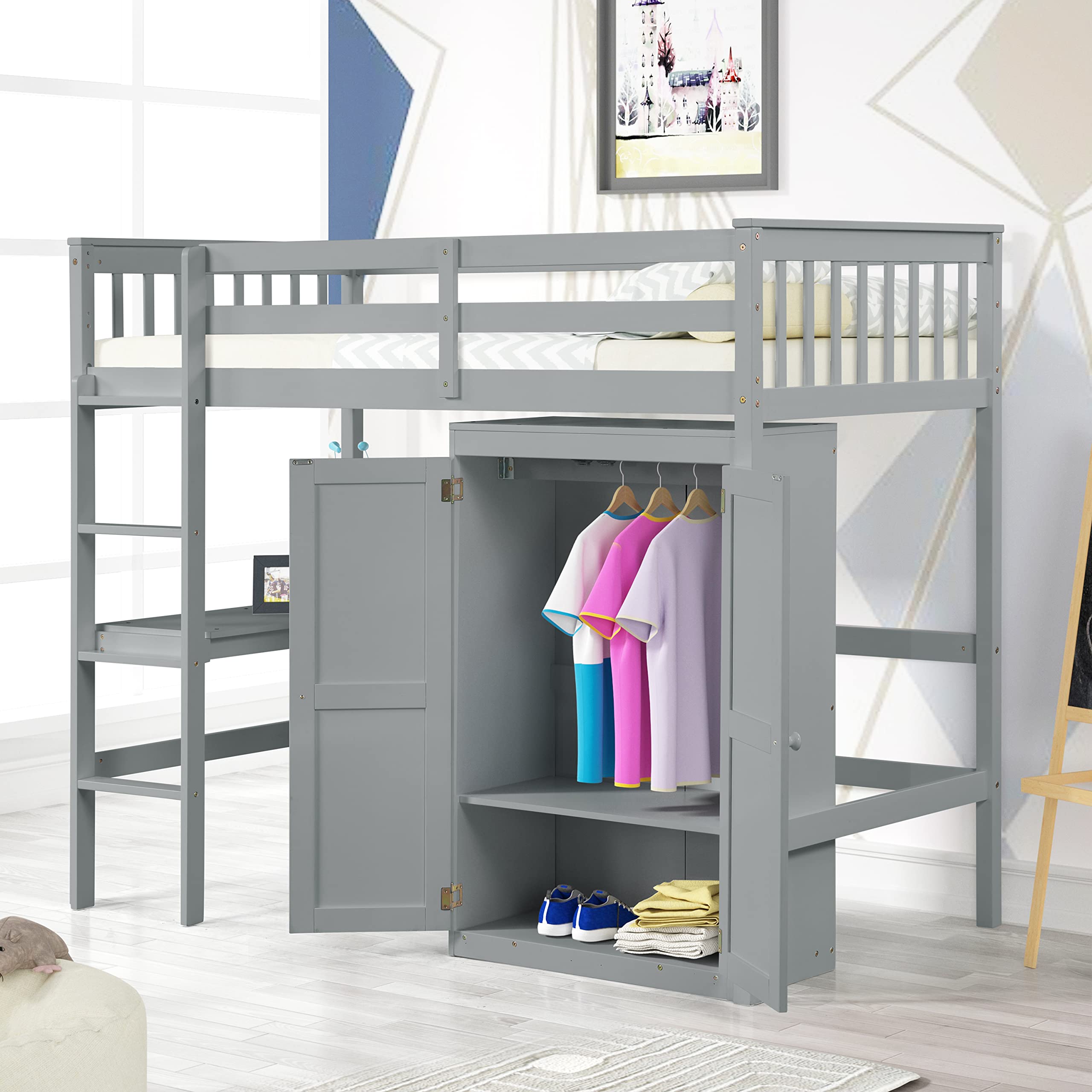 Harper & Bright Designs Twin Size Loft Bed with Desk & Wardrobe - Sturdy Wood Frame in Gray - Perfect for Kids' Bedrooms, Small Spaces & Dorm Rooms