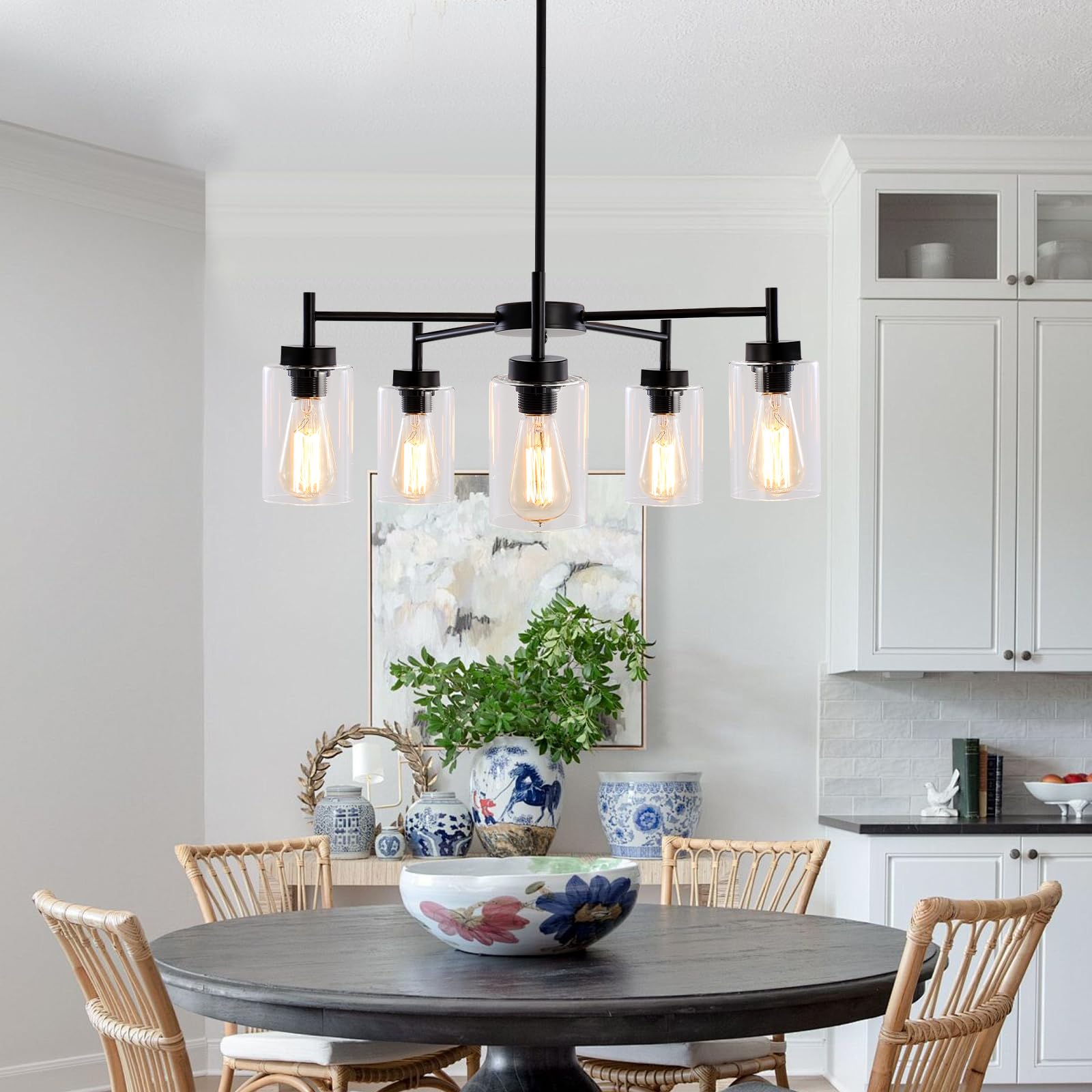 Black Farmhouse Chandelier - 5-Light Industrial Ceiling Pendant with Clear Glass Shades for Dining Room, Living Room, Bedroom, Kitchen & Foyer | Rustic Home Lighting Fixture for Modern Farmhouse Decor