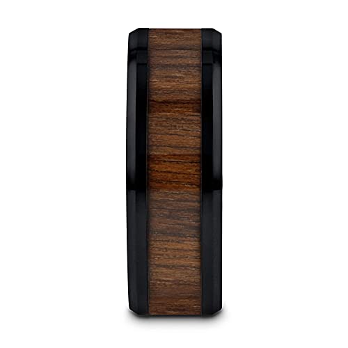 Yukon Black Ceramic Wedding Ring Band with Walnut Wood Inlay & Polished Beveled Edges - 4mm to 12mm Width - Durable & Comfortable for Men & Women - Perfect for Weddings, Anniversaries, and Everyday Wear