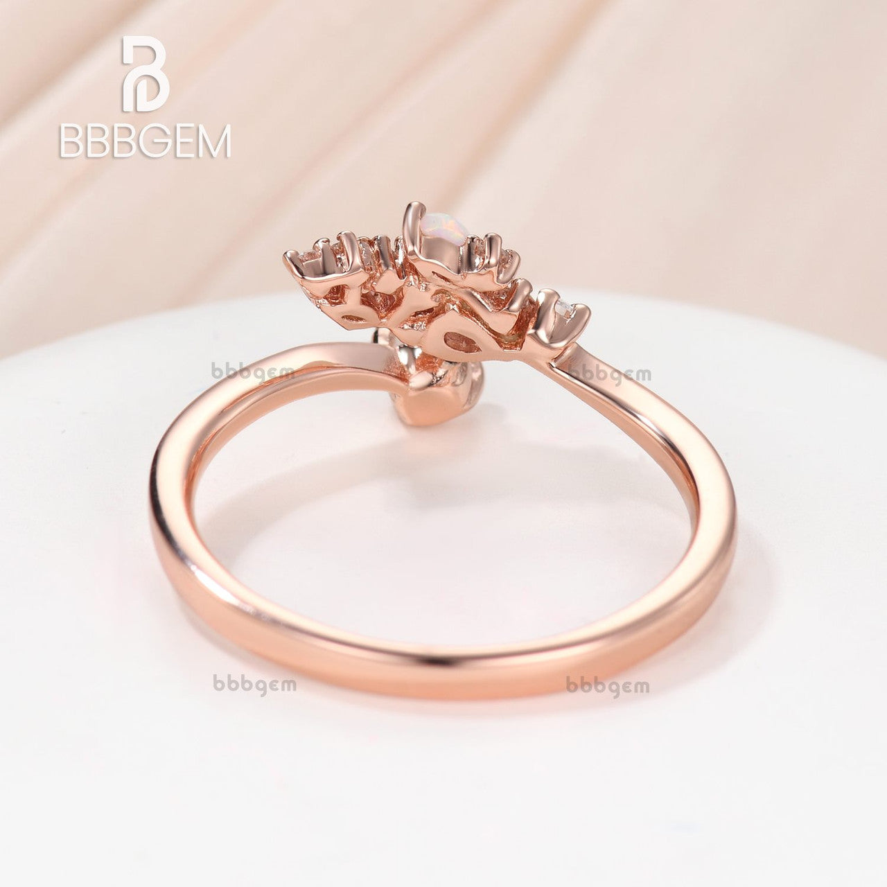 Dainty Opal Moissanite Cluster Bypass Ring in 14K Rose Gold with Diamond Accents - Elegant Jewelry for Women, Perfect for Weddings, Anniversaries & Special Occasions