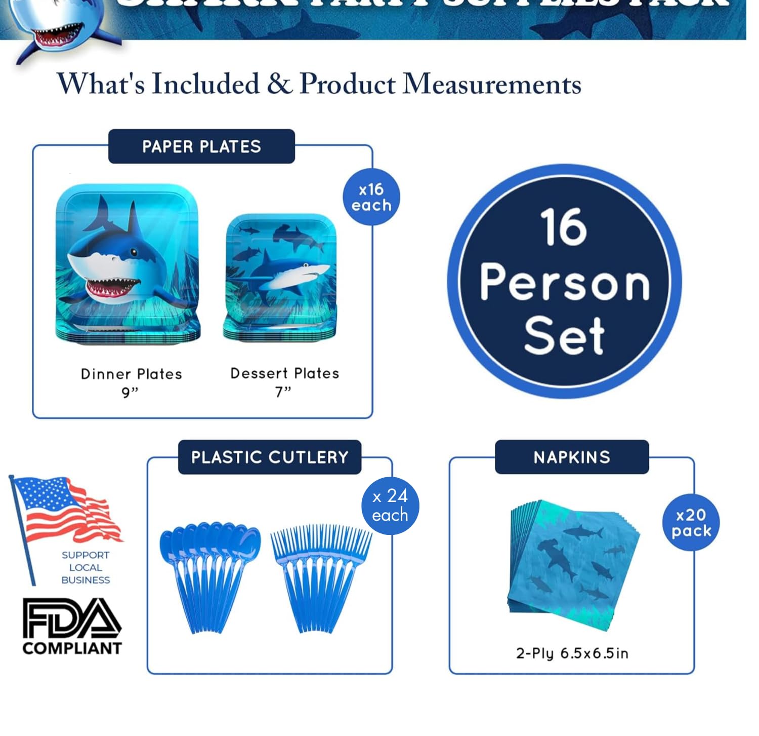 100-Piece Shark Party Supplies Set for 16 Guests - Shark Birthday Decorations, Baby Shower & Under the Sea Theme Party - Includes Shark Plates, Napkins & Blue Orchards - Perfect for Kids Birthday Parties, Ocean-Themed Events & Shark Lover Celebrations