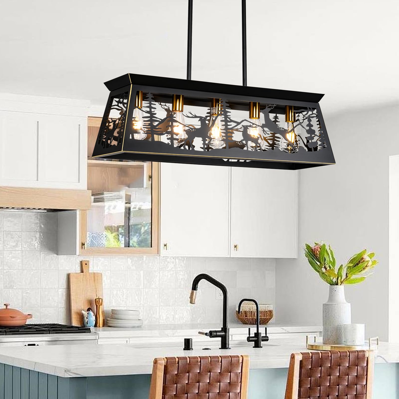 32-Inch Black Rustic Farmhouse Chandelier - 5-Light Kitchen Island Lighting, Deer Design Dining Room Fixture for Rustic Decor, Perfect Over Tables in Dining Rooms and Kitchens