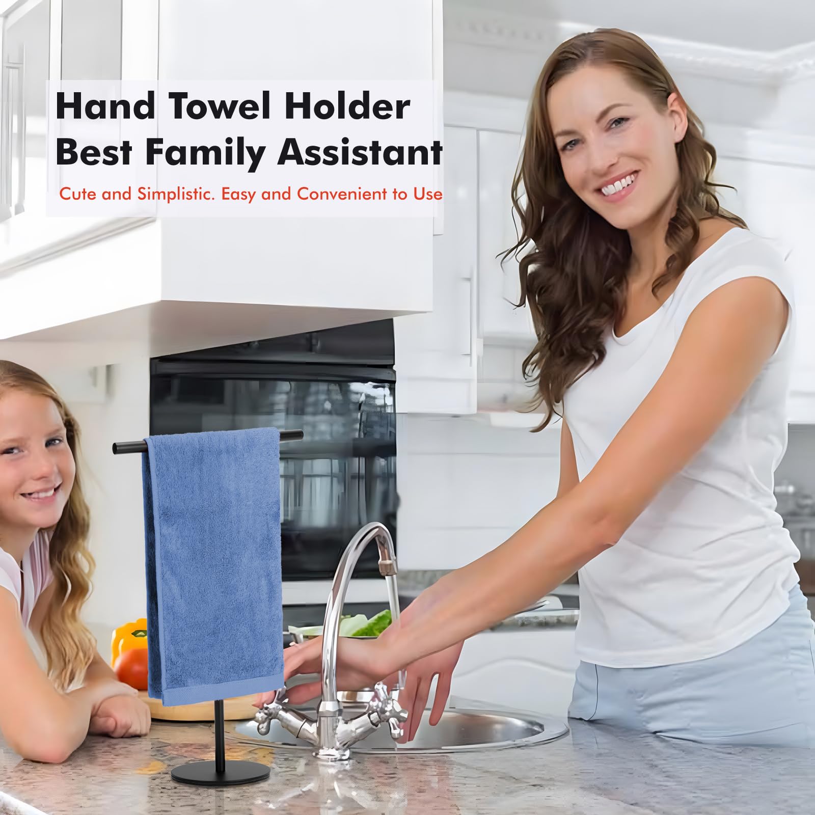 Stainless Steel Black Hand Towel Holder Stand - T-Shape Freestanding Towel Rack for Bathroom & Kitchen Countertop | Matte Black Finish | Perfect for Vanity, Sink Area & Guest Bathroom Organization