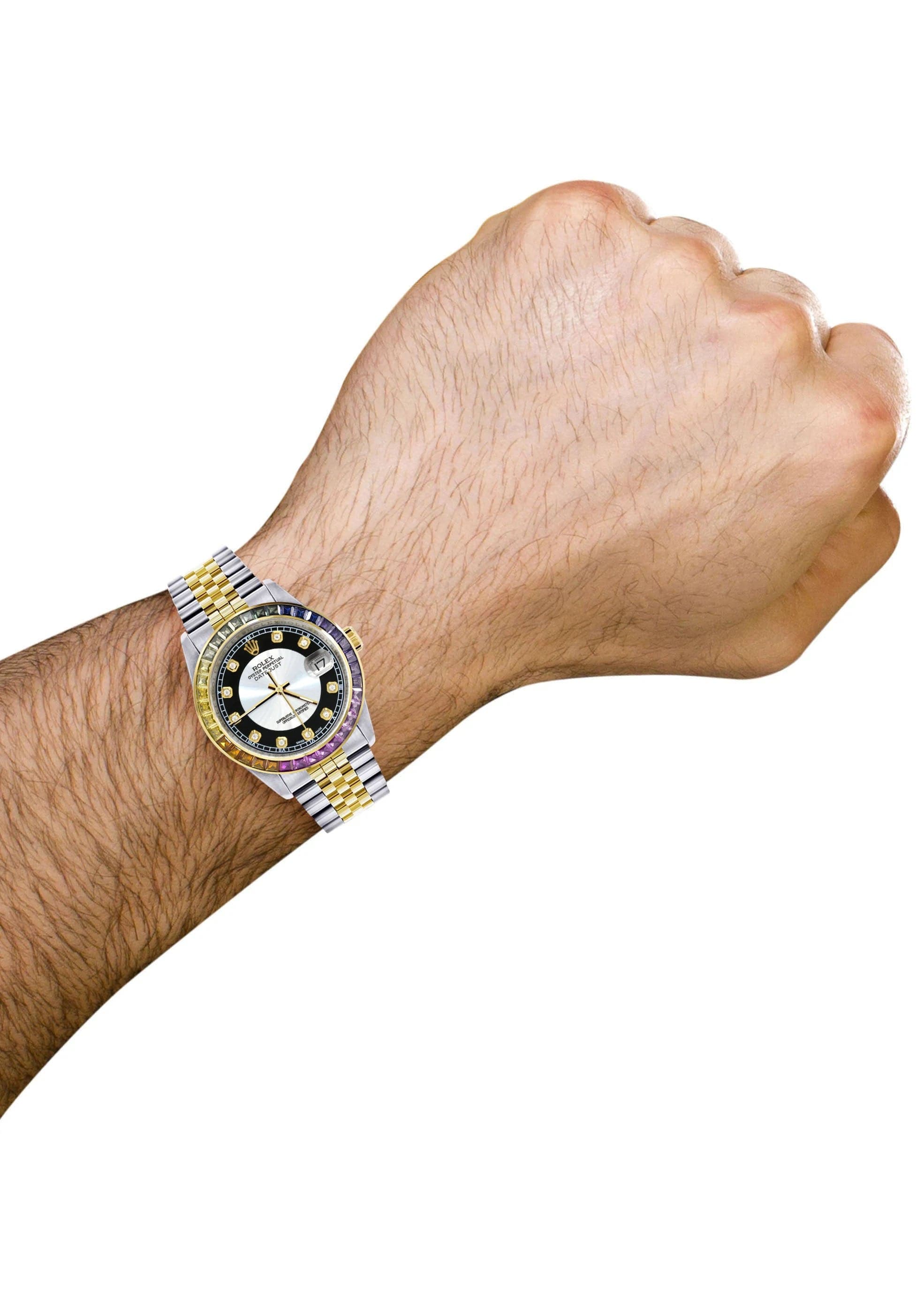 Luxury Diamond Gold Rolex Watch For Men 16233 | 36mm Stainless Steel | Rainbow Sapphire Bezel | Tuxedo Dial | Jubilee Bracelet | Perfect for Weddings, Business Meetings & Special Occasions