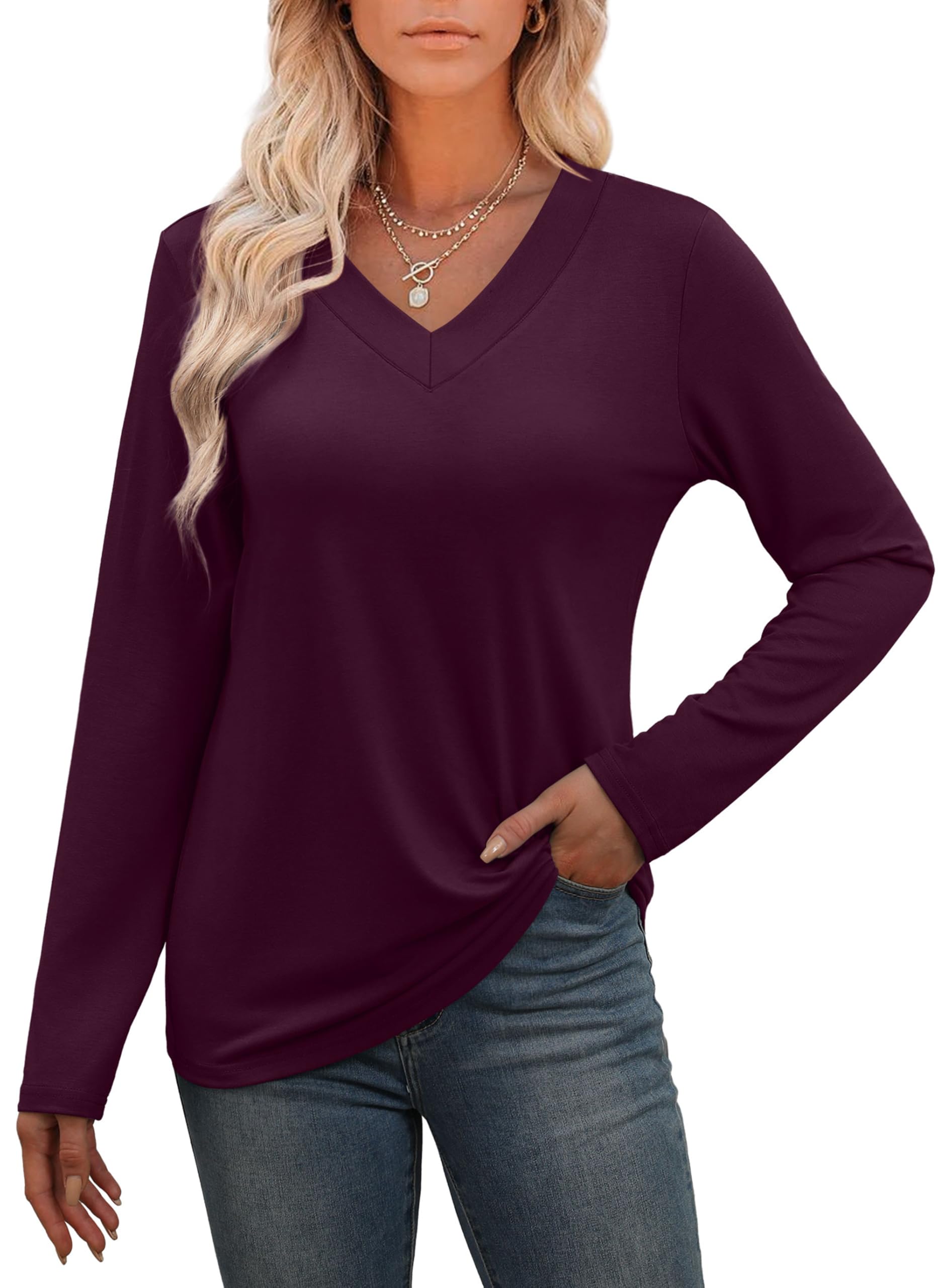 WIHOLL Women's Long Sleeve V-Neck Tunic Tops - Casual Basic Fall Fashion Shirts 2024 | Trendy Layering Piece for Work, Weekend & Autumn Outfits