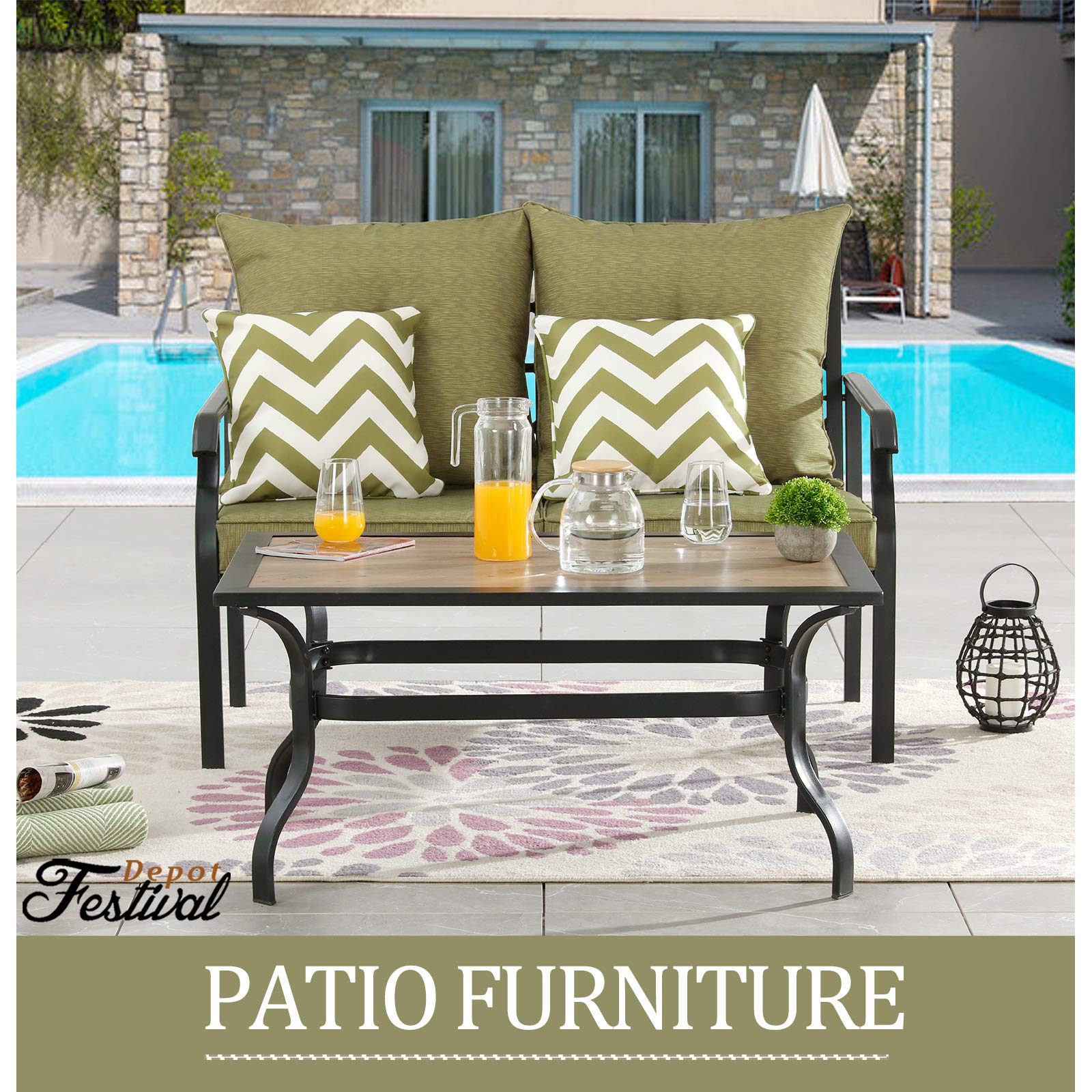 2-Piece Patio Conversation Set with Loveseat, Cushions, Pillows & Coffee Table - Outdoor Metal Garden Furniture for Backyard, Porch (Green) | Perfect for Relaxing, Entertaining & Outdoor Gatherings