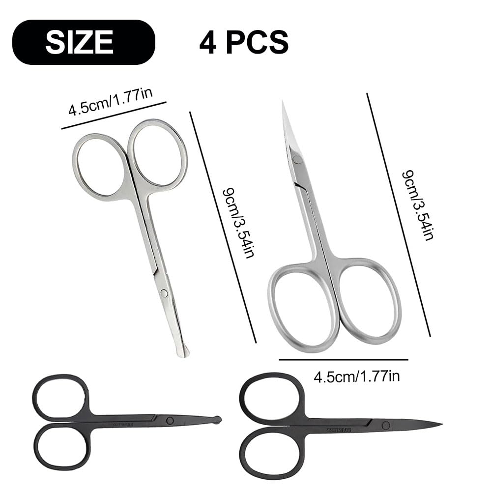 Professional Stainless Steel Nose & Eyebrow Scissors Set - 4-Piece Facial Hair Trimming Kit for Beard, Mustache, Ear & Nose Hair Grooming - Perfect for Home & Travel Use