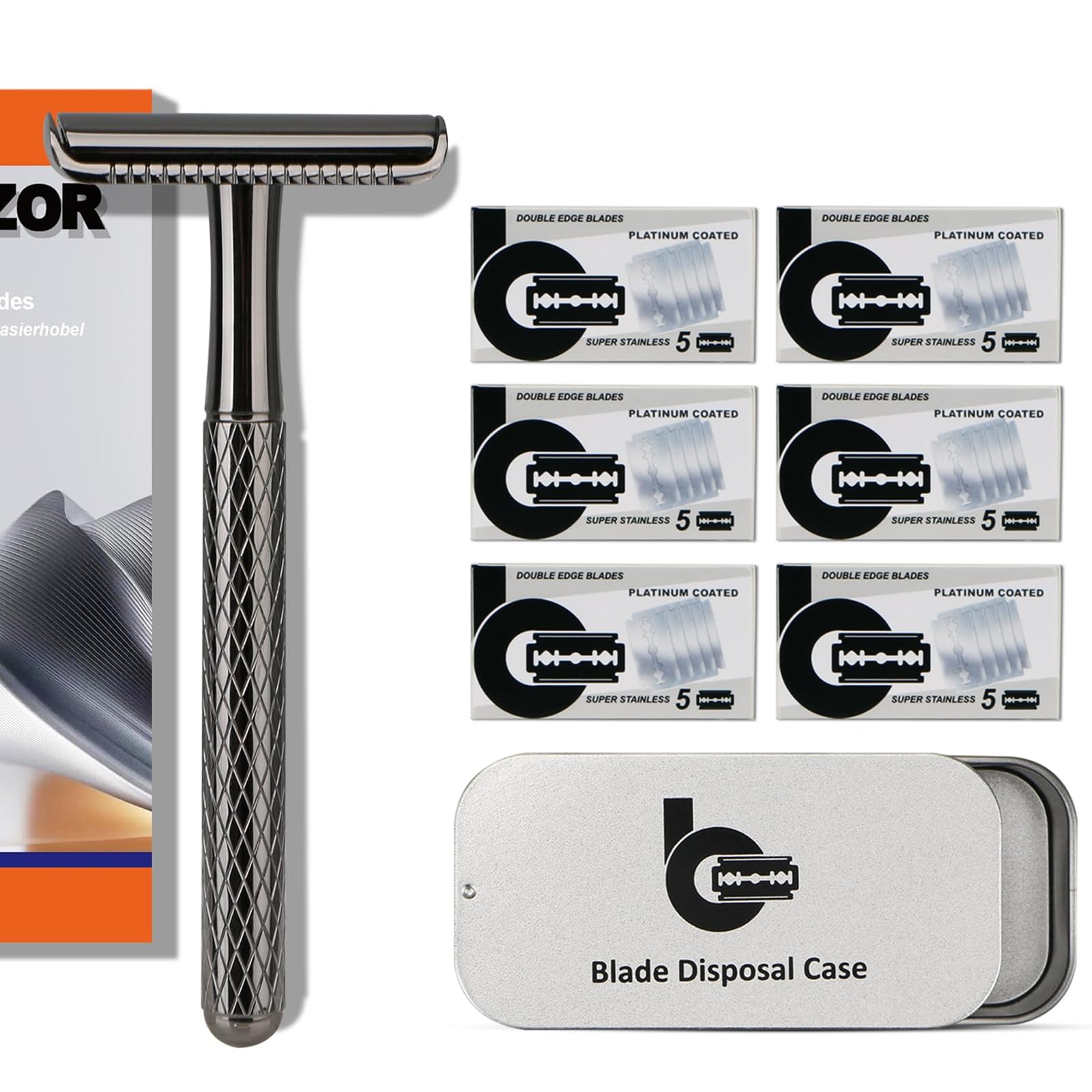 Premium Gun Black Safety Razor Kit - 1 Stainless Steel Razor, 10 Blades + Blade Bank with 30 Extra Blades | Perfect for Men's Wet Shaving & Travel Grooming