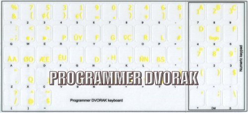 Dvorak Keyboard Stickers for Programmers - Transparent Background with Blue, Orange or Yellow Letters (Yellow) | Perfect for Coding, Typing & Customizing Mechanical Keyboards