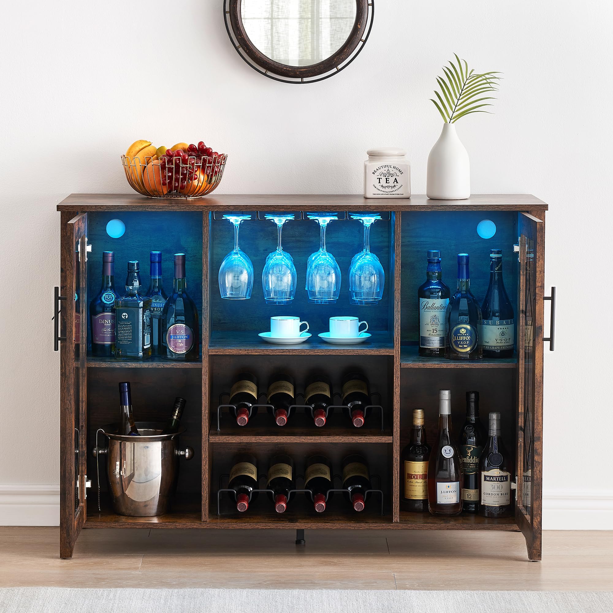GAOMON Rustic Brown Wine Bar Cabinet with LED Lights - Home Coffee & Liquor Storage Cabinet with Glass Rack, Kitchen Buffet Sideboard for Dining Room, Bar - Perfect for Entertaining Guests & Organizing Glassware
