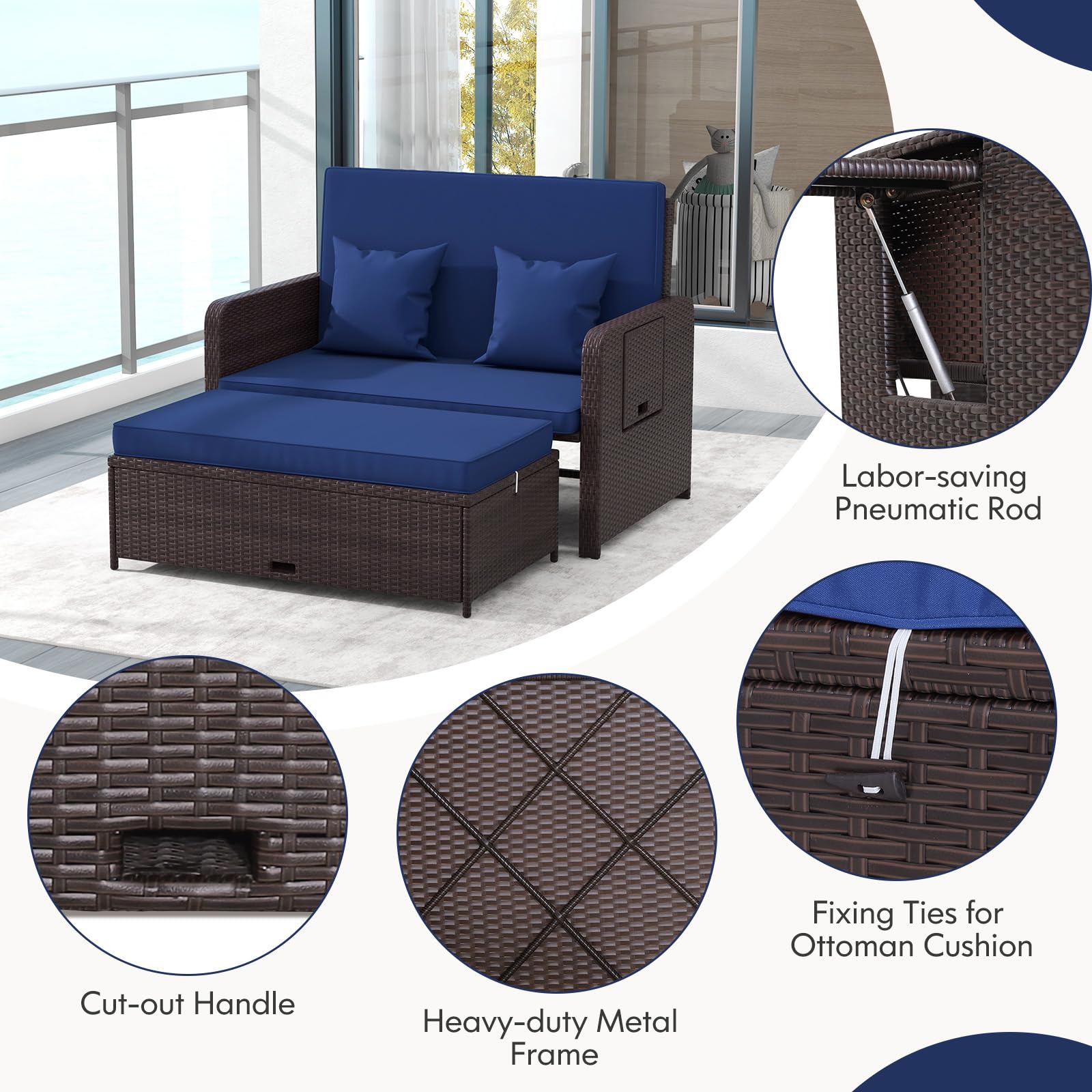 LDAILY Mocha Outdoor Daybed - Adjustable Wicker Loveseat Sofa Set with Storage Ottoman & Cushions - Rattan Double Bed Lounger for Patio, Garden, Poolside or Backyard (Navy)