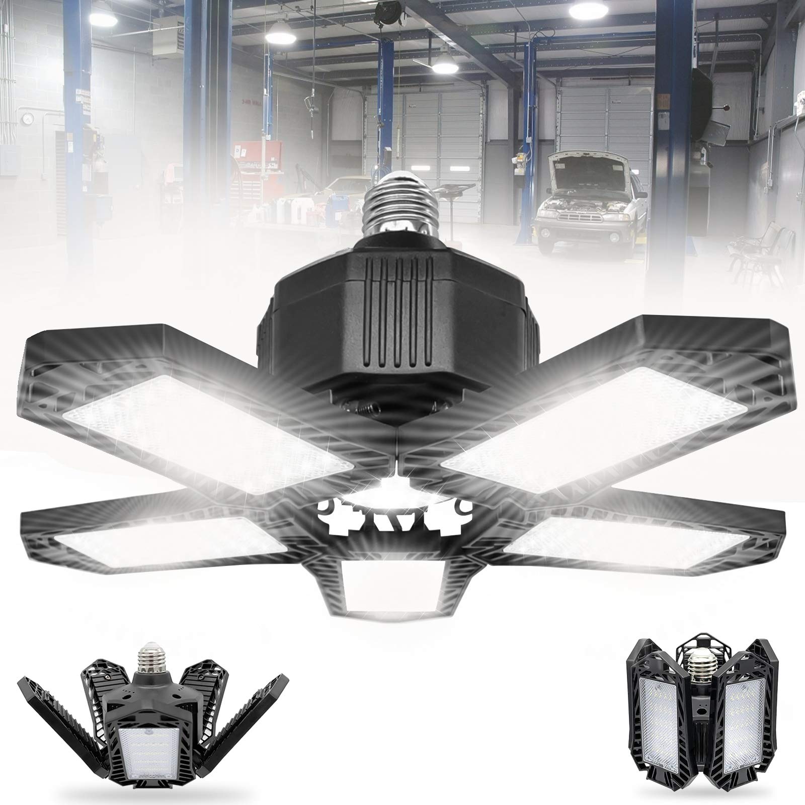 100W LED Garage Lights, 10000LM Adjustable Shop Light with 5 Panels - E26 Deformable Ceiling Light for Garage, Warehouse, Workshop - Energy Saving Bright Lighting for DIY Projects & Home Improvement (Black)
