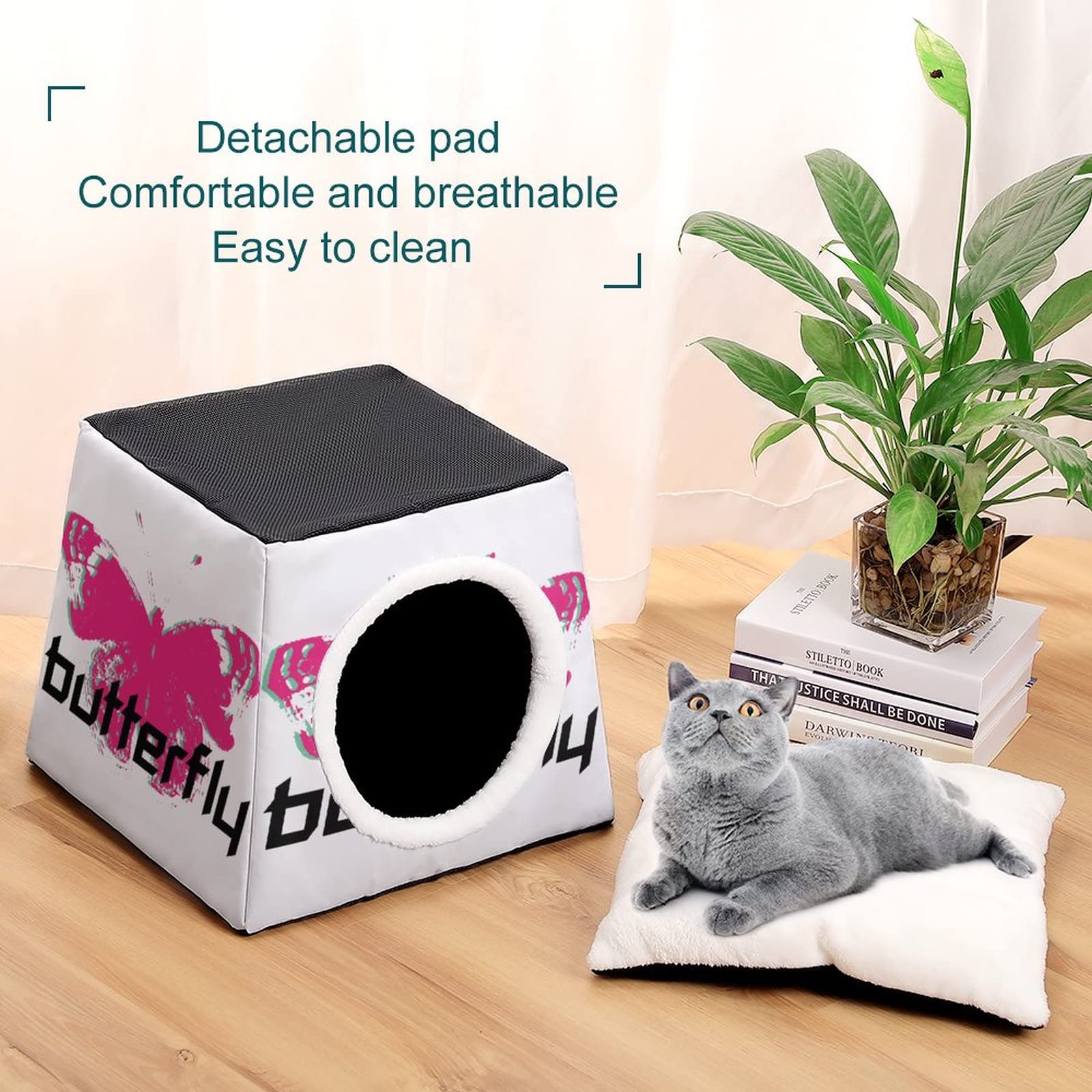 Printed Cat Houses & Condos - Foldable Cat Cube Bed with Removable Pillow - Butterfly Red Design for Indoor Cats - Perfect for Living Room, Bedroom or Office Pet Space