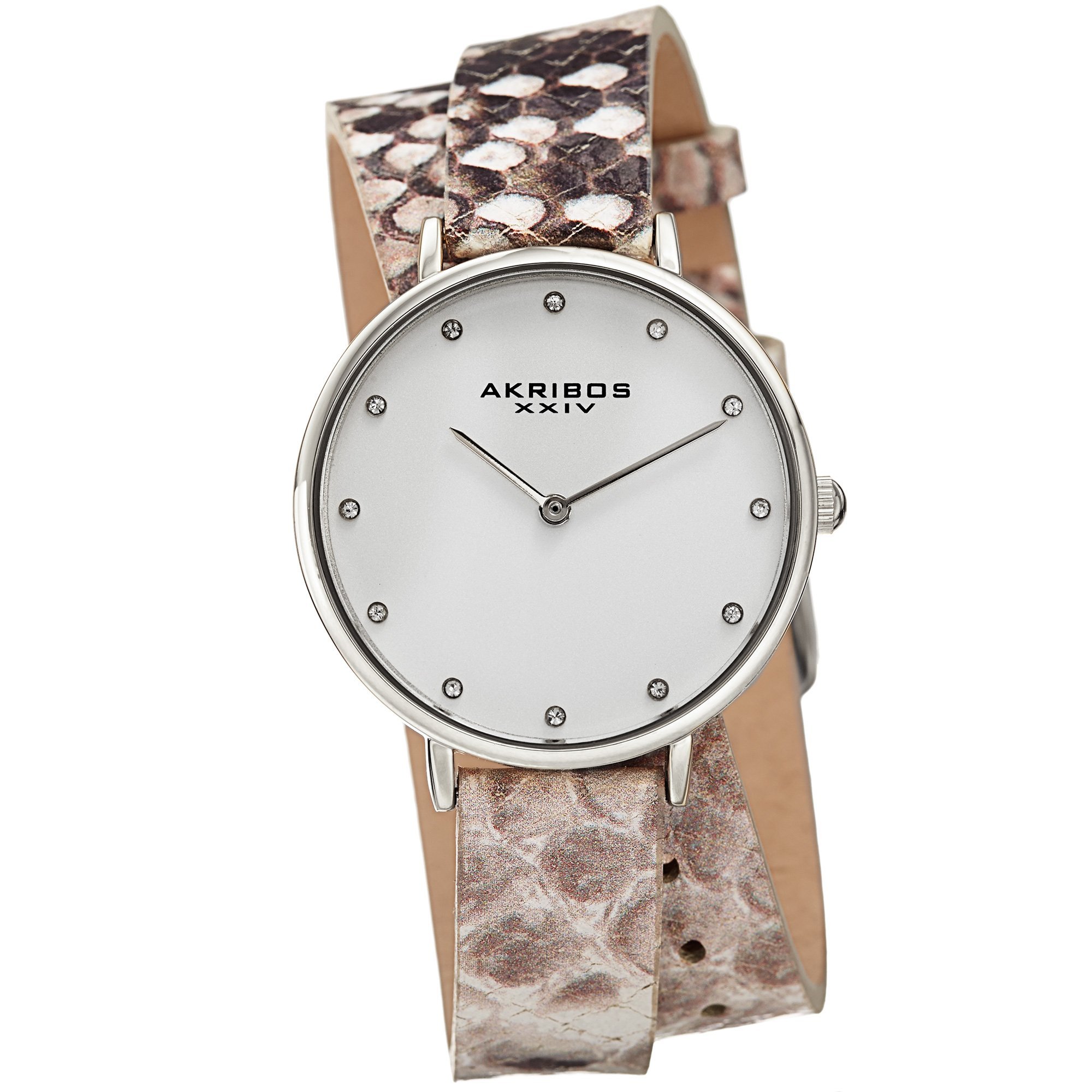 Akribos XXIV Women's Luxury Swarovski Crystal Watch - 12 Genuine Crystals, Snakeskin Leather Double Strap - Elegant Dress Watch for Women - Perfect for Parties, Weddings & Formal Events (AK923)