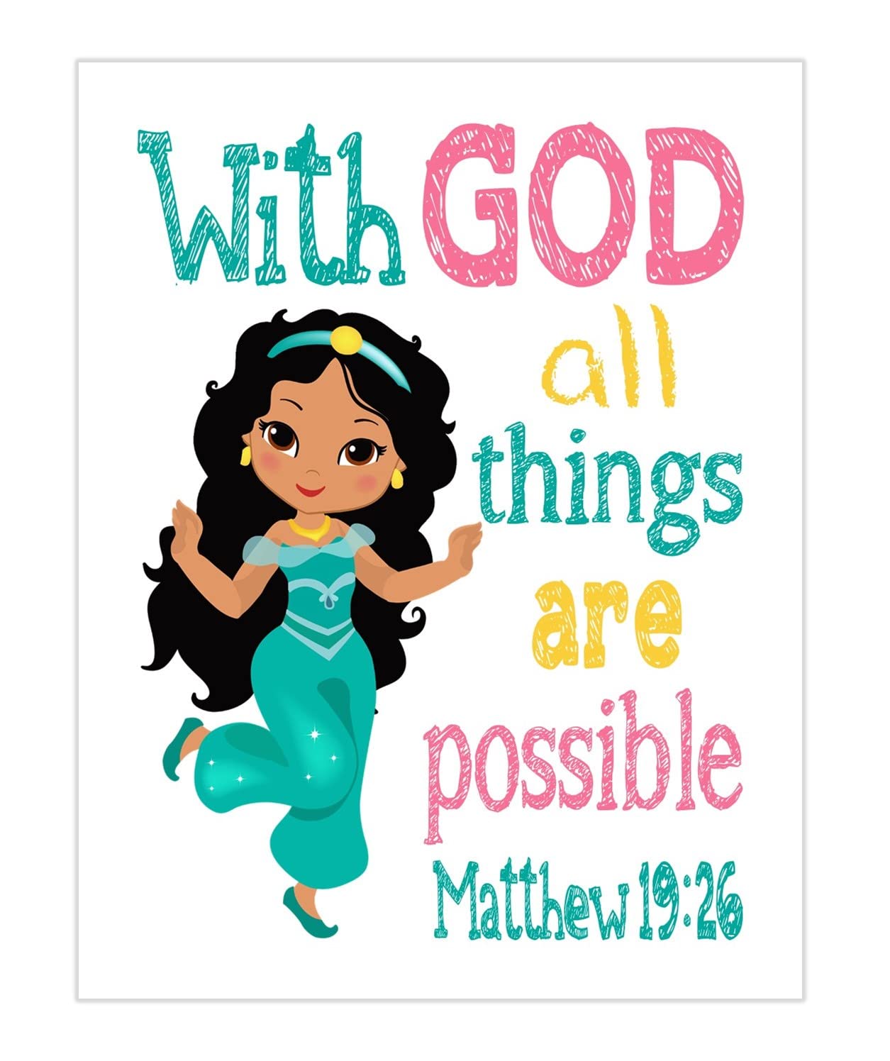 Jasmine Princess Christian Nursery Print - Matthew 19:26 for Baby Room Decor