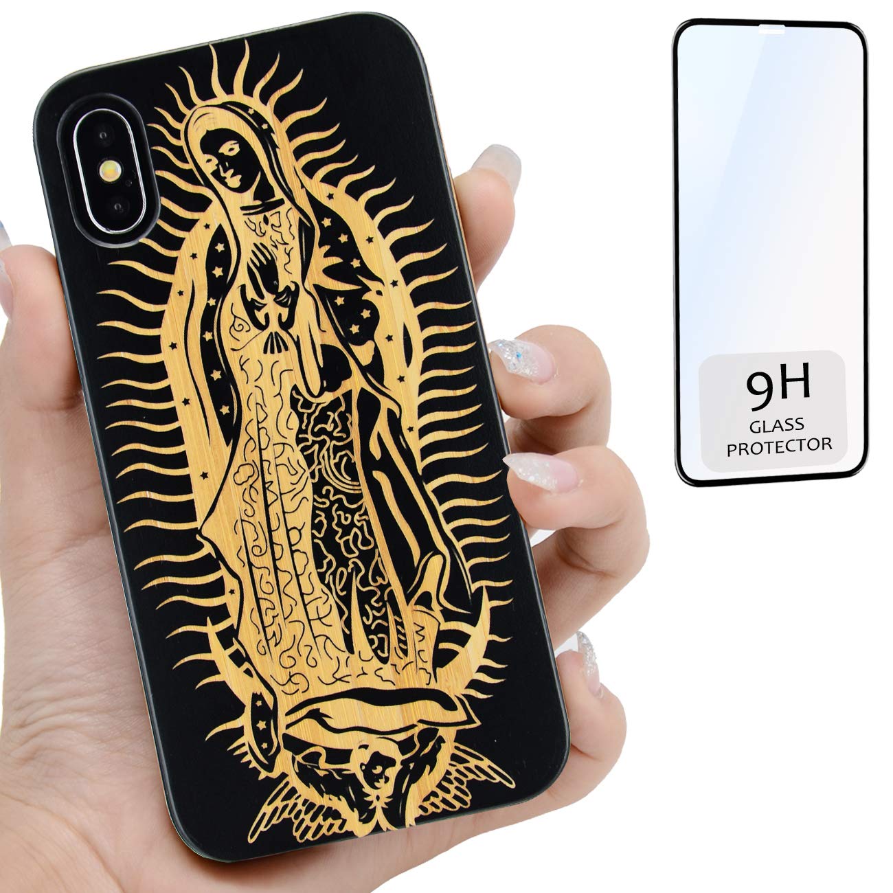 iProductsUS Wooden Phone Case for iPhone XR with Screen Protector - Engraved Virgin Mary Black Bamboo Cover, Built-in Metal Plate, Wireless Charging Compatible, Shockproof TPU Case (6.1 Inch) - Perfect for Daily Protection & Religious Devotion