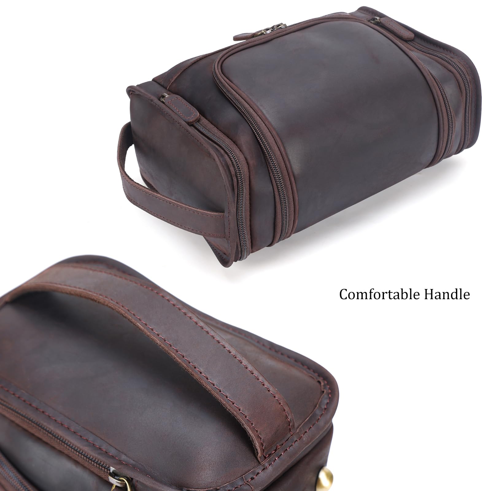Premium Full Grain Leather Toiletry Bag for Men & Women - Travel Dopp Kit, Cosmetic Organizer, Shaving Kit with Hanging Hook - Ideal for Business Trips, Vacation & Gym Essentials Storage