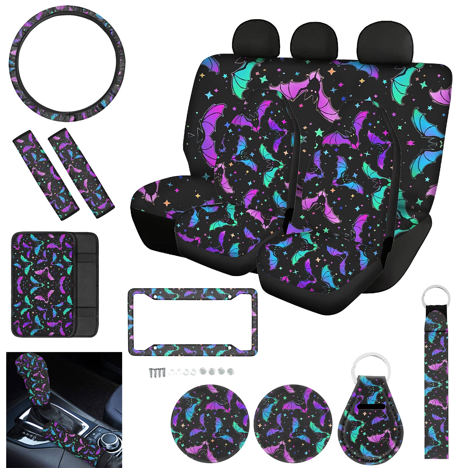 Xhuibop 15-Inch Bat-Themed Car Seat Covers & Steering Wheel Covers Set - Includes Seat Belt Covers, Keychain Accessories, Armrest Pads, License Plate Frame, Cup Coasters & Gear Shift Knob Cover - Perfect for Women's Car Interior Customization & Themed Gift Ideas