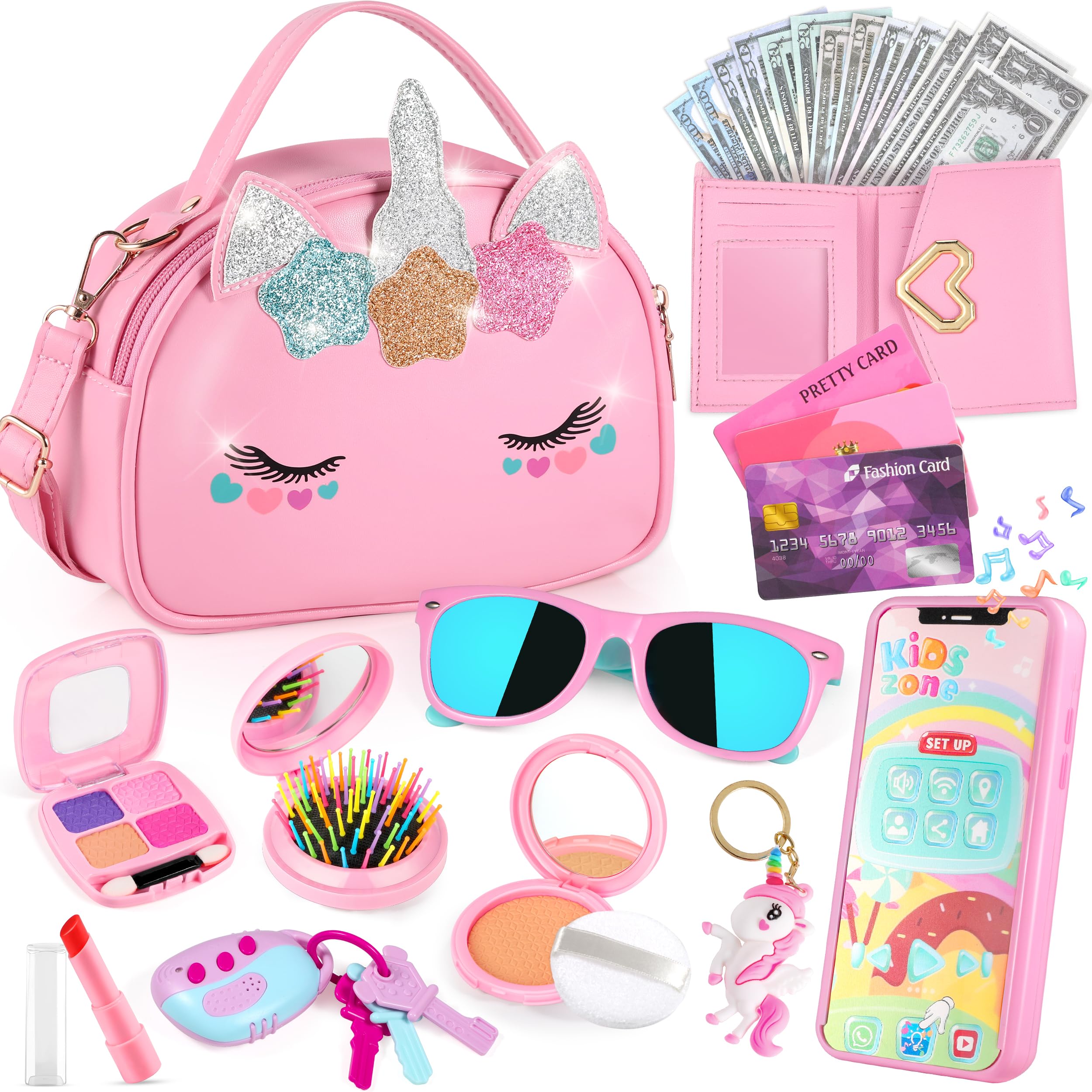 Unicorn Pretend Play Purse for Toddler Girls Age 3-8 - Princess Makeup Toy Set with Accessories | Perfect Easter & Birthday Gift for 3-8 Year Old Girls | Dress Up & Role Play Fun