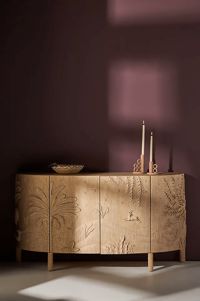 Hand Carved Wooden Buffet Table - Unique Imagined World Design Credenza for Dining Room & Living Room Decor