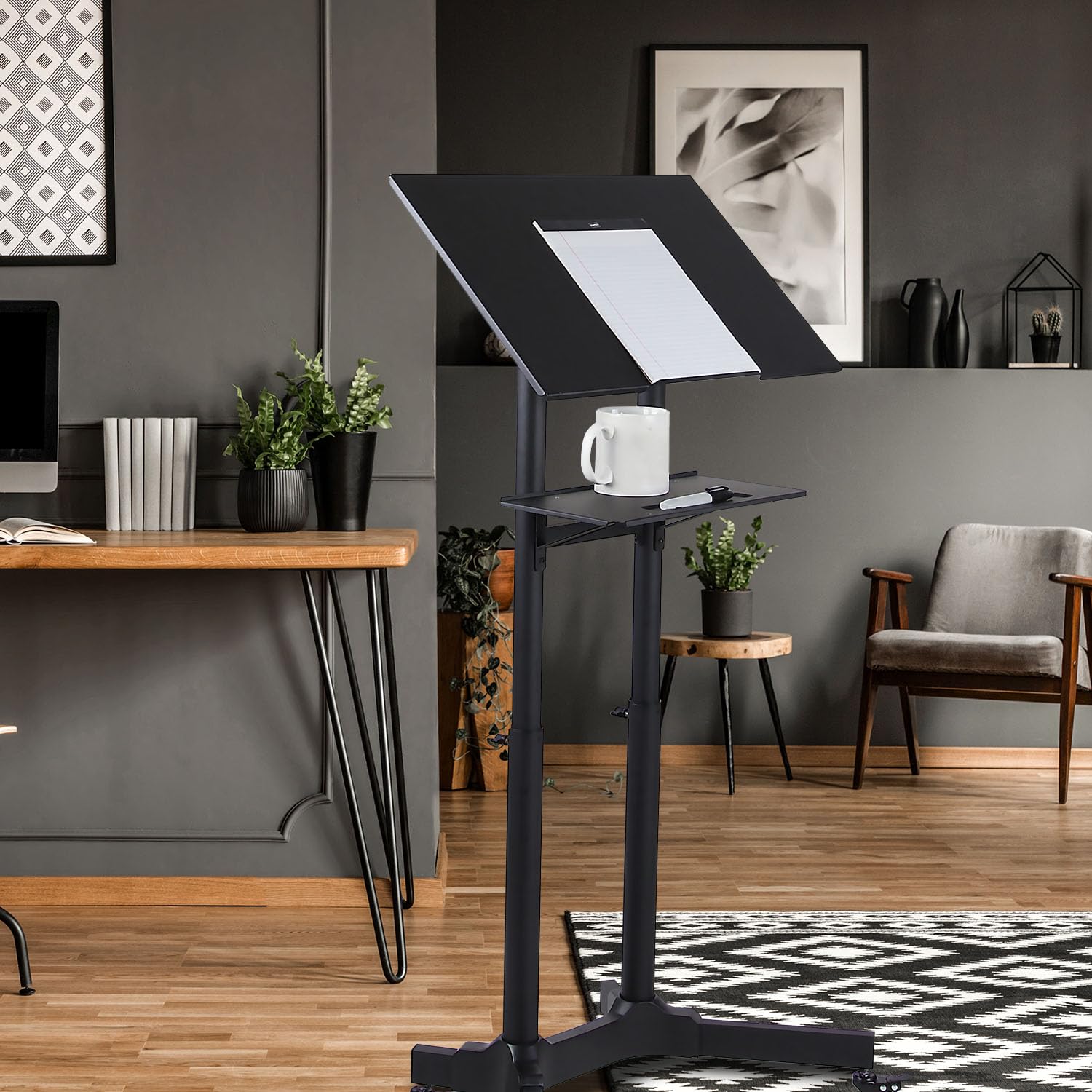 Mount-It! Adjustable Height Mobile Podium Stand with Wheels - Rolling Lectern & Portable Standing Desk with Tilted Shelf & Storage | Perfect for Office Presentations, Classroom Teaching & Conference Room Speeches