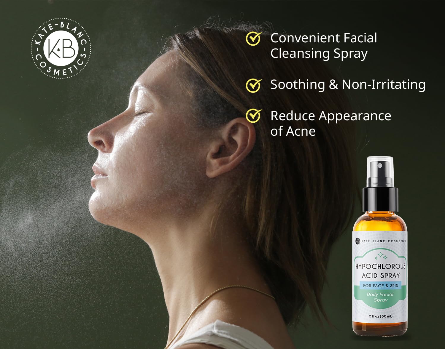 Kate Blanc Cosmetics Hypochlorous Acid Facial Spray - 0.02% HOCl Gentle Skin Cleanser for Acne, Eczema & Sensitive Skin (2oz) | Daily Face Mist, Post-Workout Refresh & Travel Skincare Essential