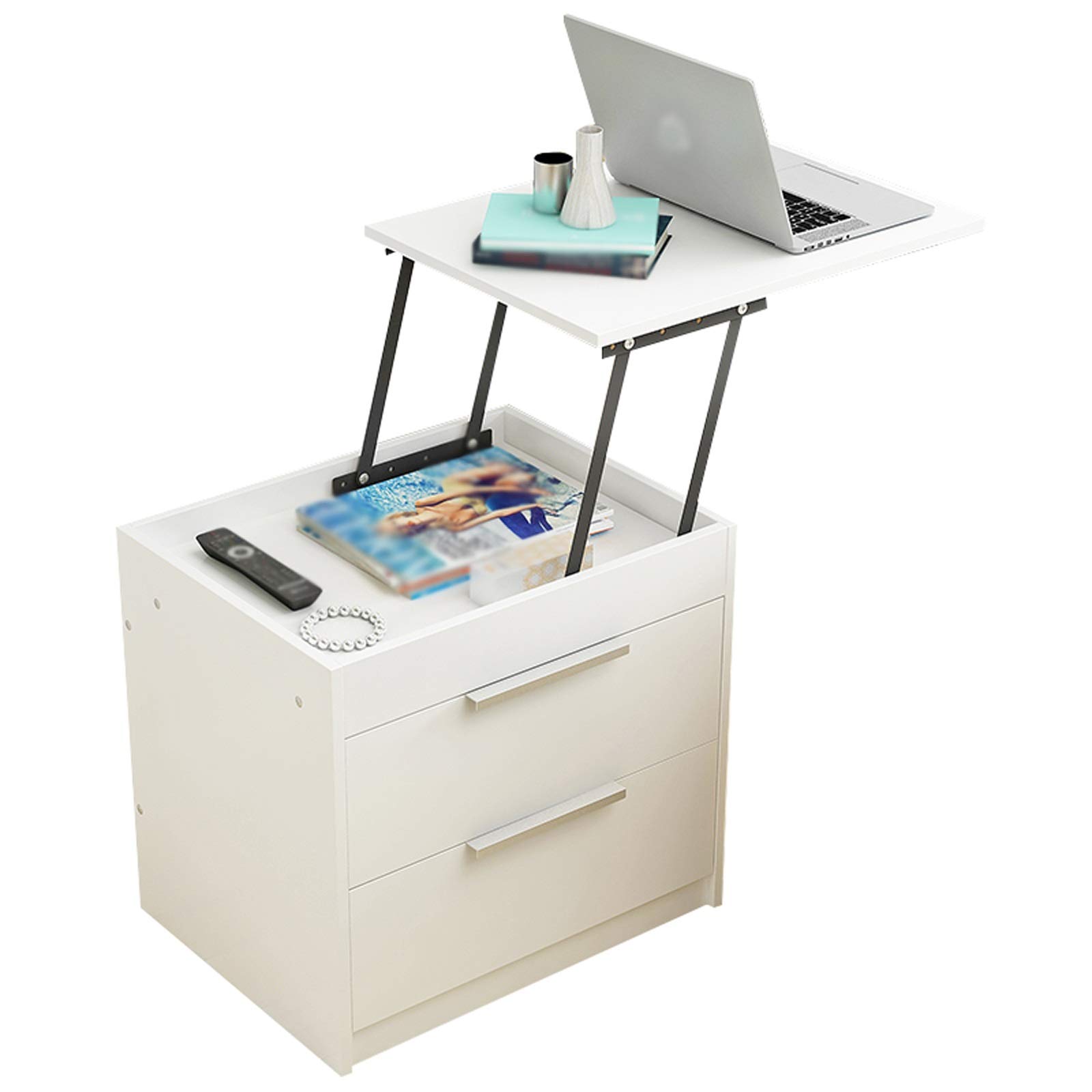 Modern Liftable Nightstand with 2 Drawers - FHW Simple Design Storage Cabinet for Bedroom, 55X40X55CM (Color: Black) - Perfect for Small Spaces & Apartment Living