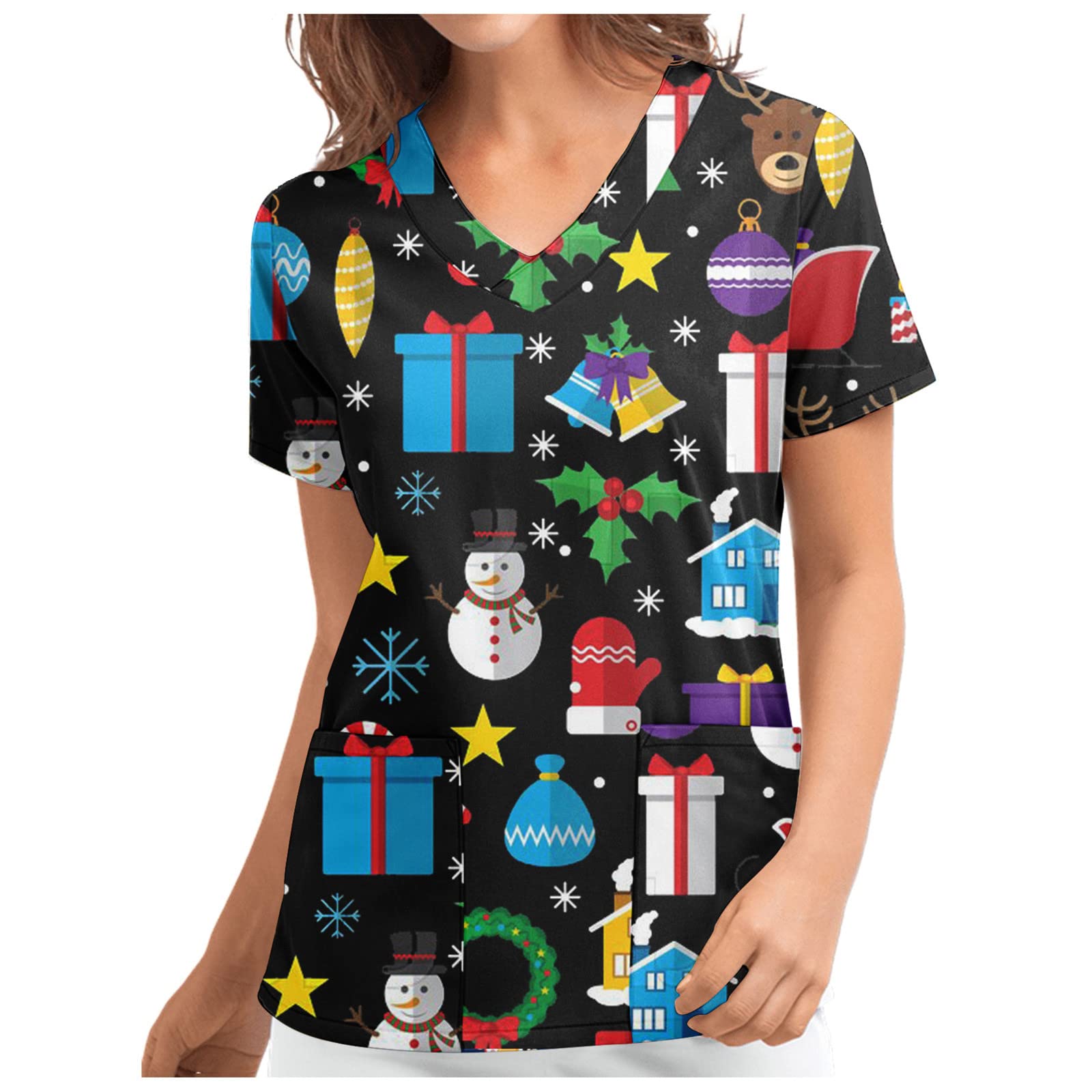 NBXNZWF Women's Holiday Christmas Printed Scrub Tops - Stretchy Cute Nursing Medical Uniforms for Healthcare Workers - Perfect for Christmas Shifts, Hospital Parties & Festive Workwear