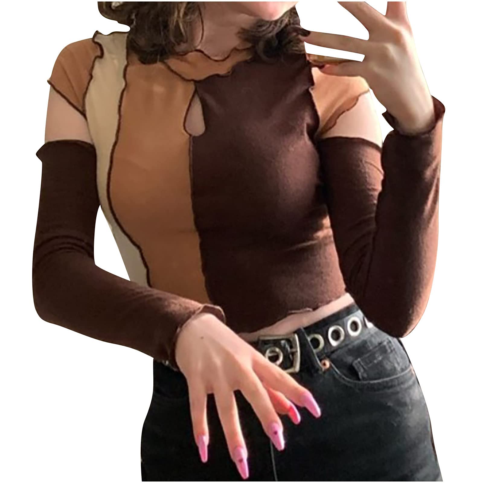 Vintage Color Block Blouse for Women - Sexy Slim Fit Long Sleeve Cropped Shirt Tops with Round Neck | Casual Office Wear & Date Night Outfit
