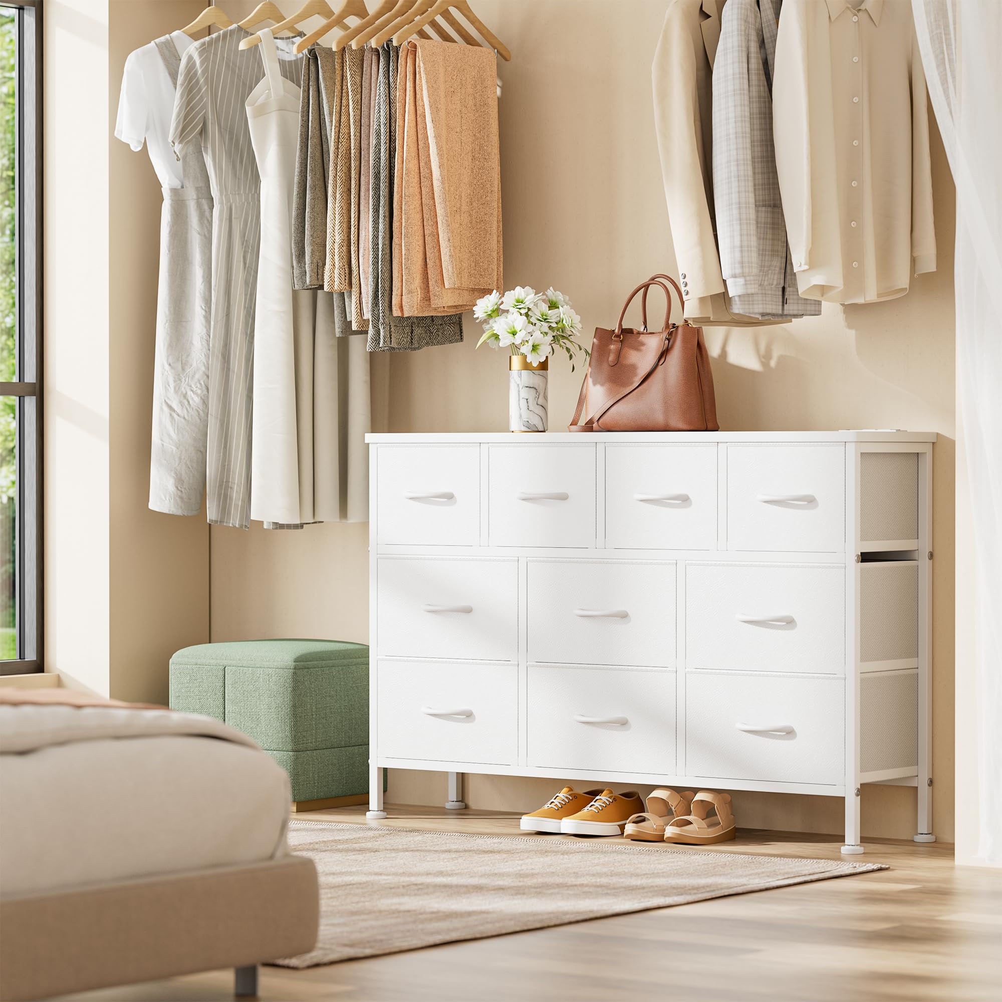 Lulive 10-Drawer White Dresser with Power Outlet - Bedroom Storage Organizer, TV Stand for 55