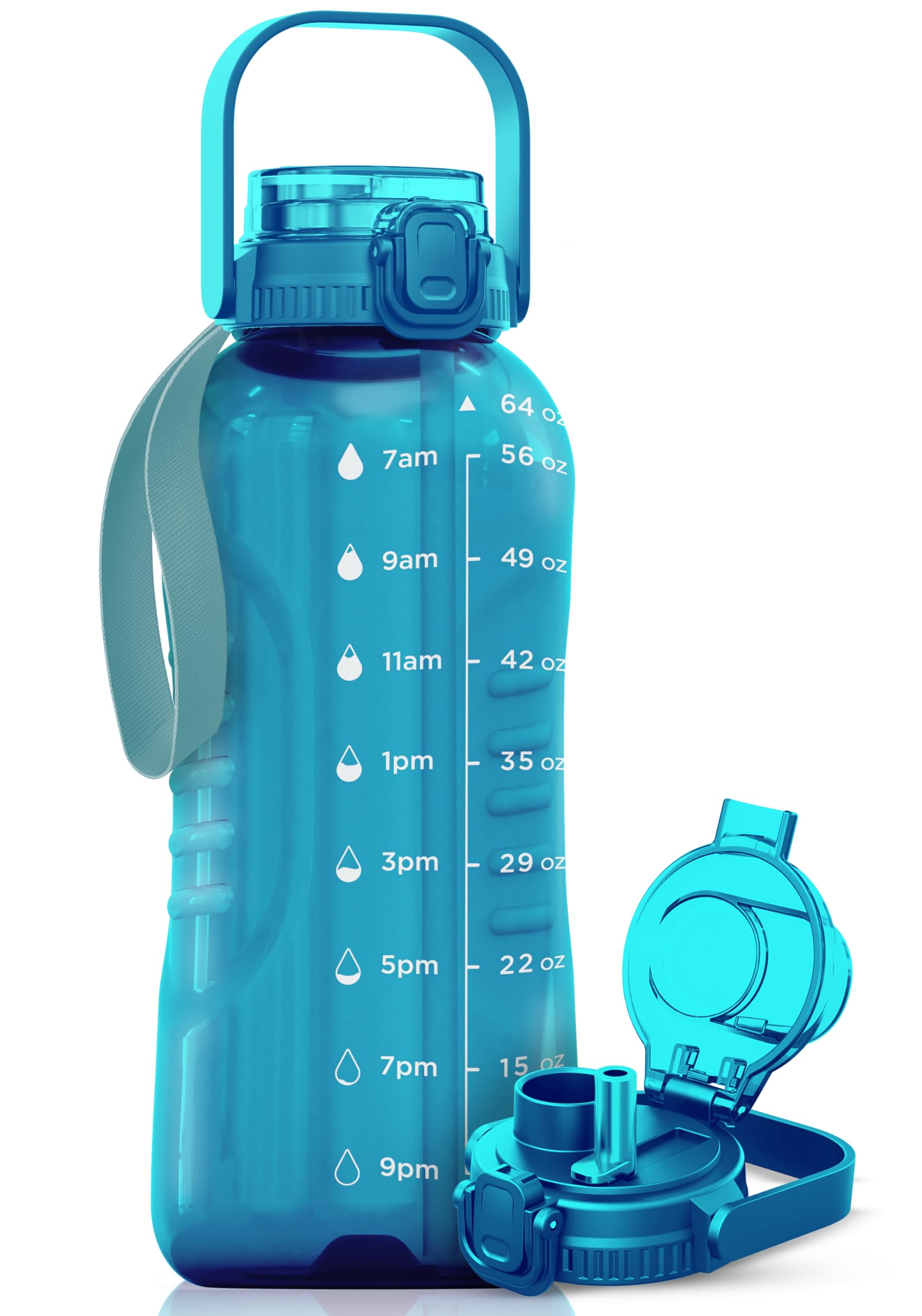 AQUAFIT 64oz Large Water Bottle with Time Marker - 2-in-1 Straw & Chug Lid - BPA Free Leak Proof Sports Water Bottle - Ideal for Gym, Hiking, Workout & Outdoor Activities (64 Ounces, Aqua Blue)
