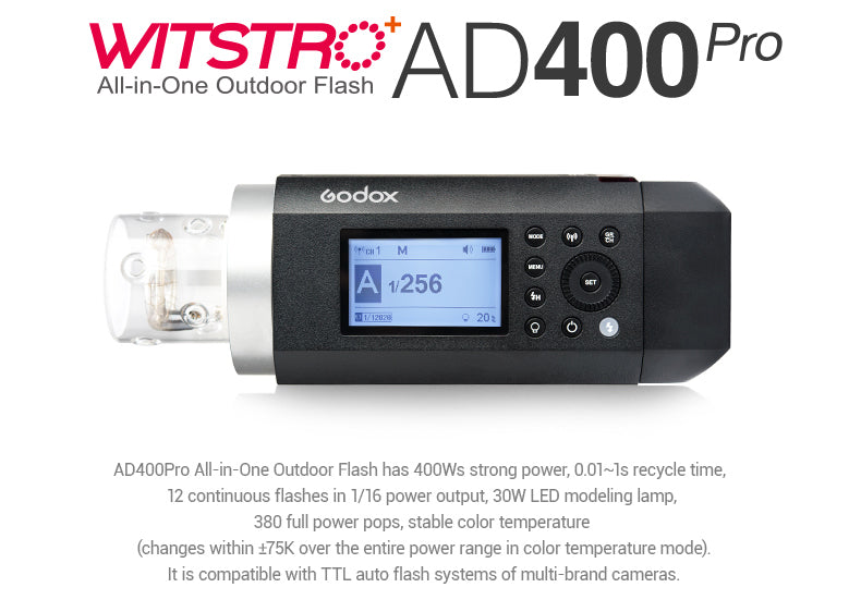 Godox AD400 Pro Witstro All-in-One Outdoor Flash | 400Ws Monolight Strobe with LED Modeling Light | Perfect for Portrait, Wedding, and Studio Photography | Durable & Portable for Outdoor Shoots