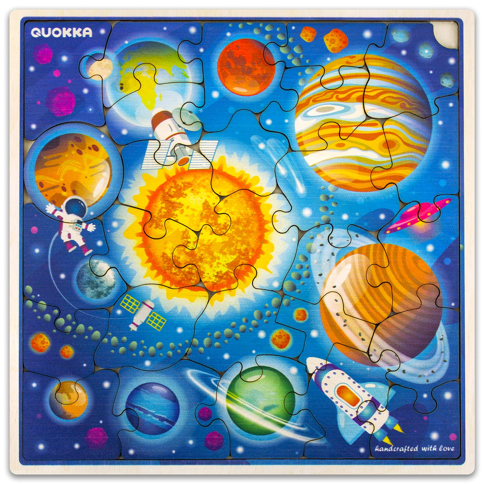 QUOKKA Wooden Space Puzzle for Kids Ages 3-8 - 28 Piece STEM Learning Toy with Planets, Rockets & Astronauts - Educational Toddler Puzzle for Boys & Girls - Perfect Gift for Preschool, Birthday & Classroom Activities - Fun Space Exploration Game for Early Learning & Playtime