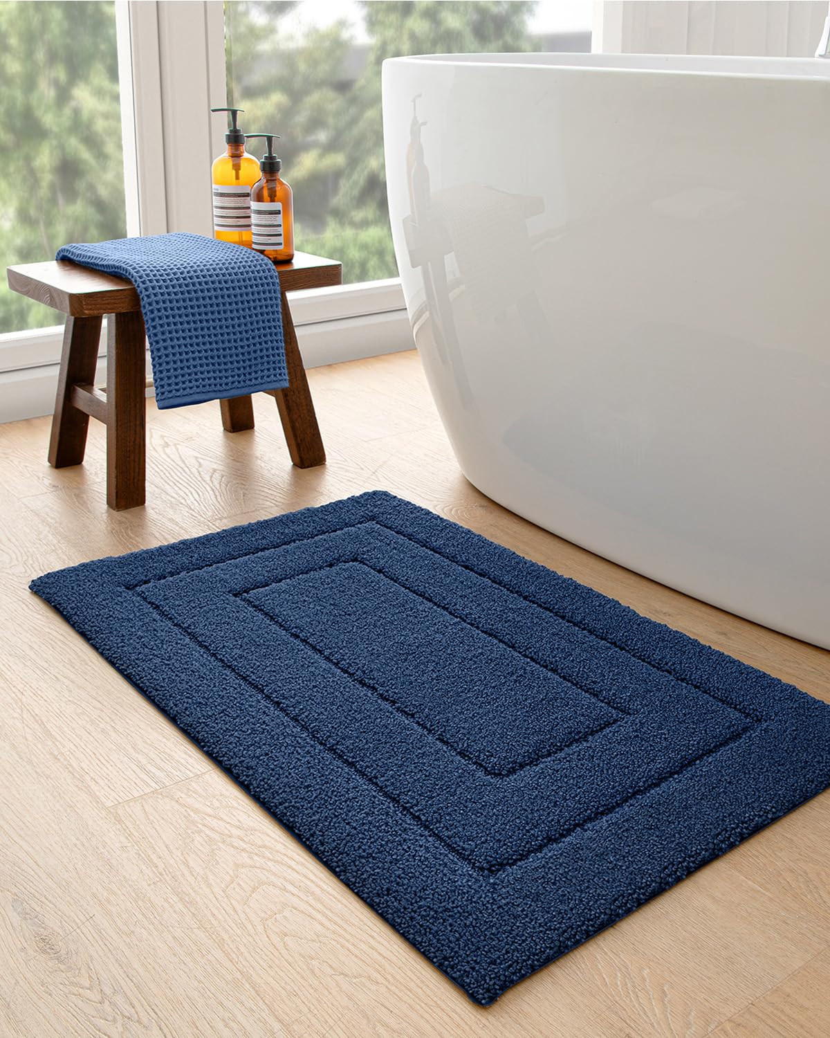 Non-Slip Bathroom Rug 32x20 Inch - Ultra Absorbent Quick Dry Bath Mat with Rubber Backing, Washable Microfiber Shower Floor Carpet for Bathroom Safety & Comfort - Perfect for Bathroom, Shower, and Spa Areas (Navy Blue)