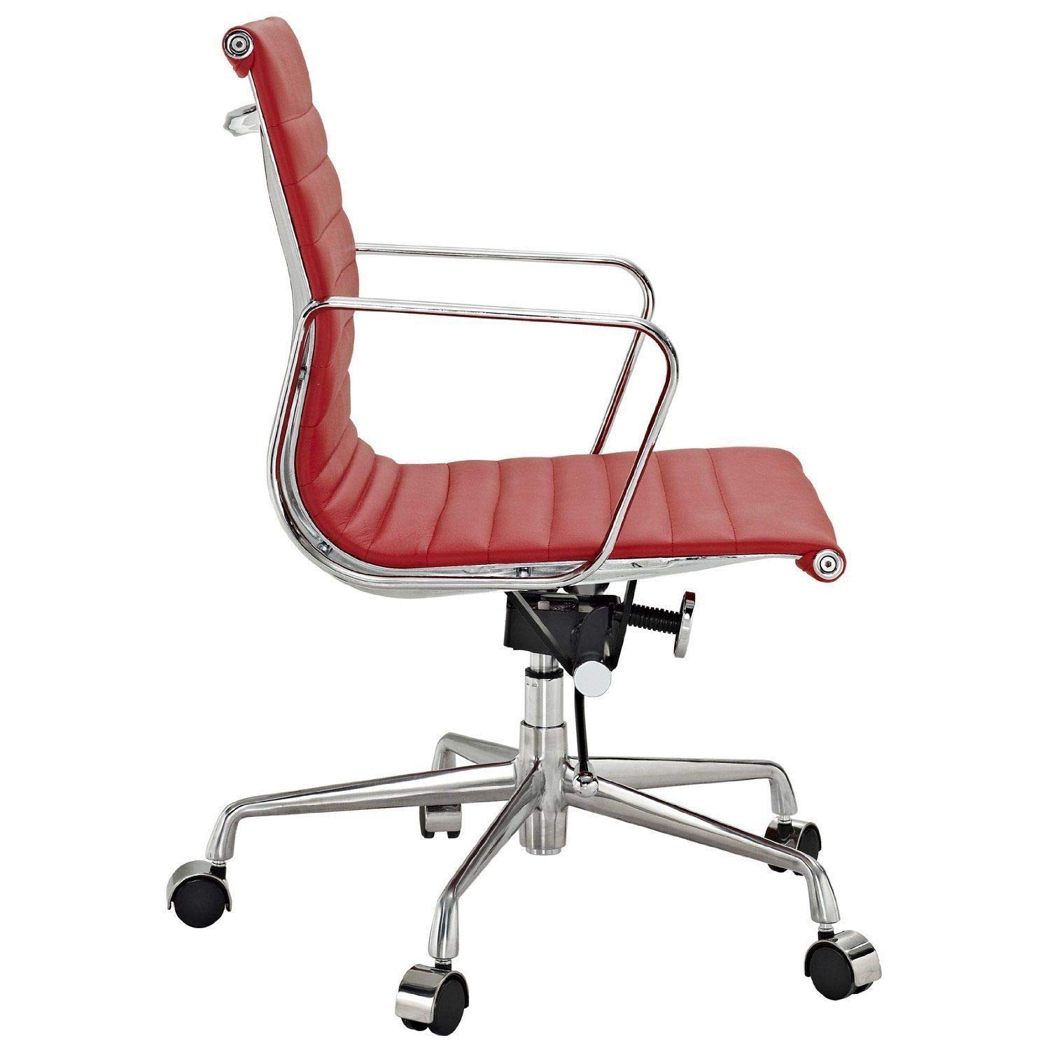 AG Ribbed Mid Back Office Chair - Premium Italian Leather (Red) - Ergonomic Design for Home & Office Workspaces