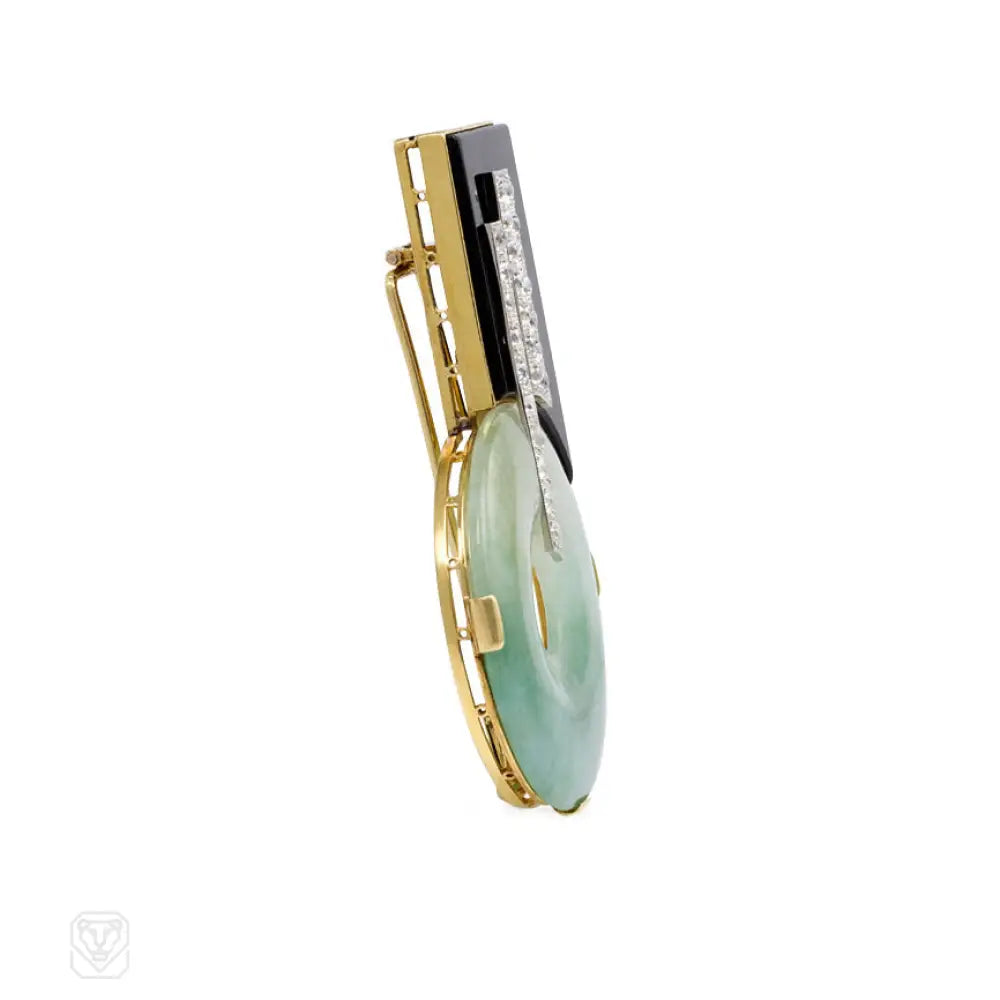Vintage Art Deco Onyx, Jade & Diamond Brooch - Elegant Antique Jewelry for Weddings, Parties & Special Occasions