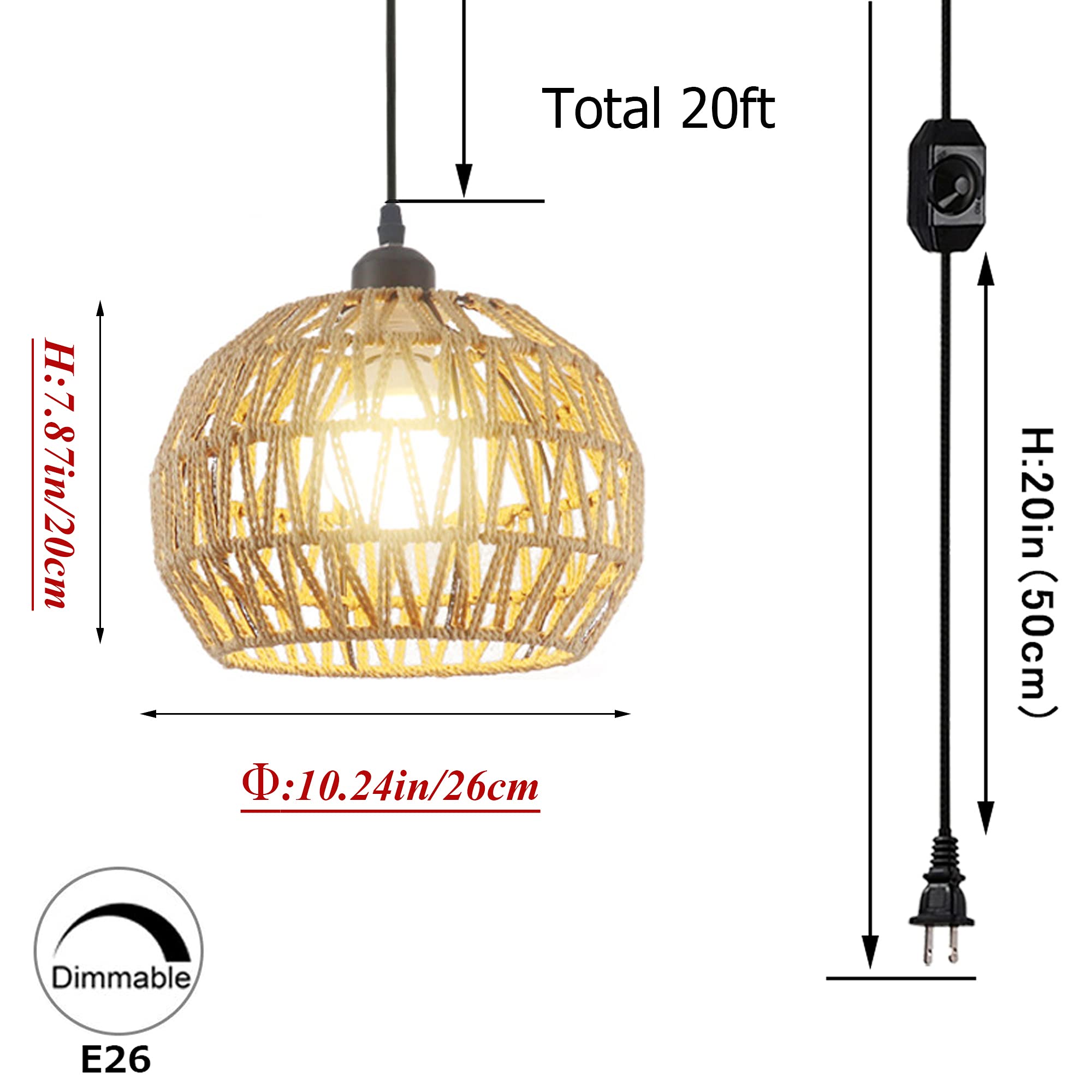 Natural Rattan Swag Ceiling Lamp - 20ft Plug-in UL Dimmable Pendant Light with Black Cord, No Wiring Needed, Farmhouse Chandelier for Living Room, Bedroom, Dining Room & Patio Decor