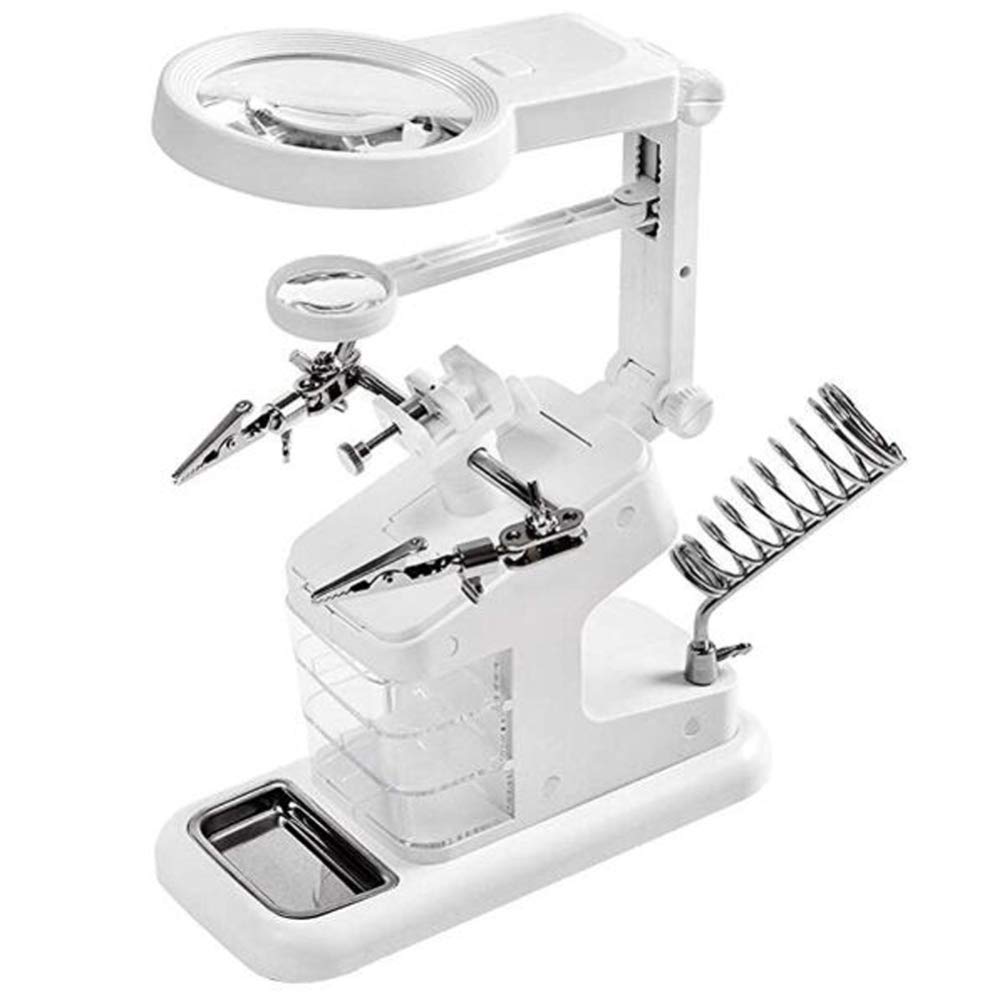 3X/4.5X/25X LED Magnifying Glass Desk Lamp with Light & Stand - Multifunctional Welding Magnifier Station with Helping Hands Clamp & Clips - Perfect for Soldering, Jewelry Making, Watch Repair & Electronic Assembly (White)