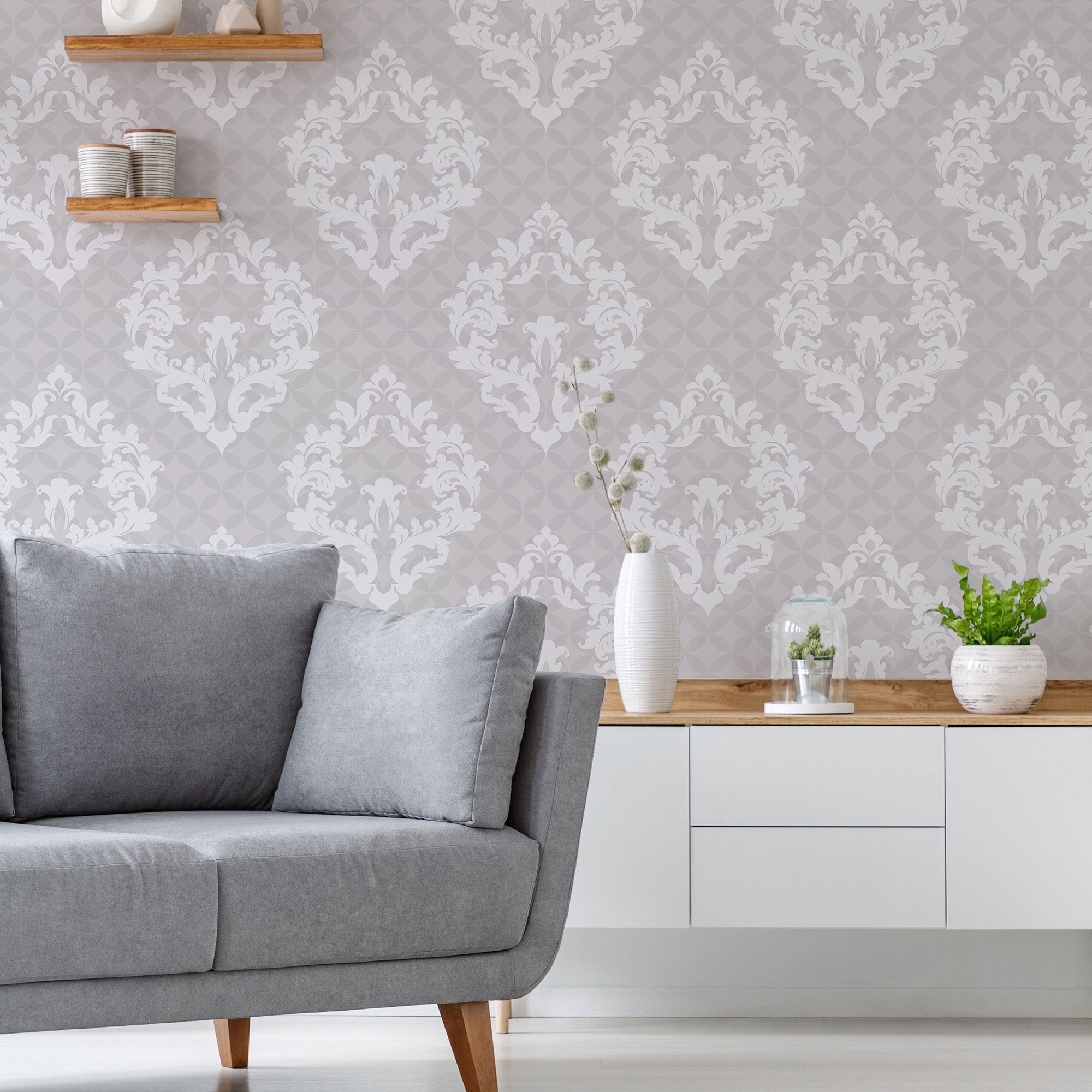 Grey Damask Peel and Stick Removable Wallpaper - Self-Adhesive Wall Decor for Bedroom, Living Room & Office - Easy to Install & Remove